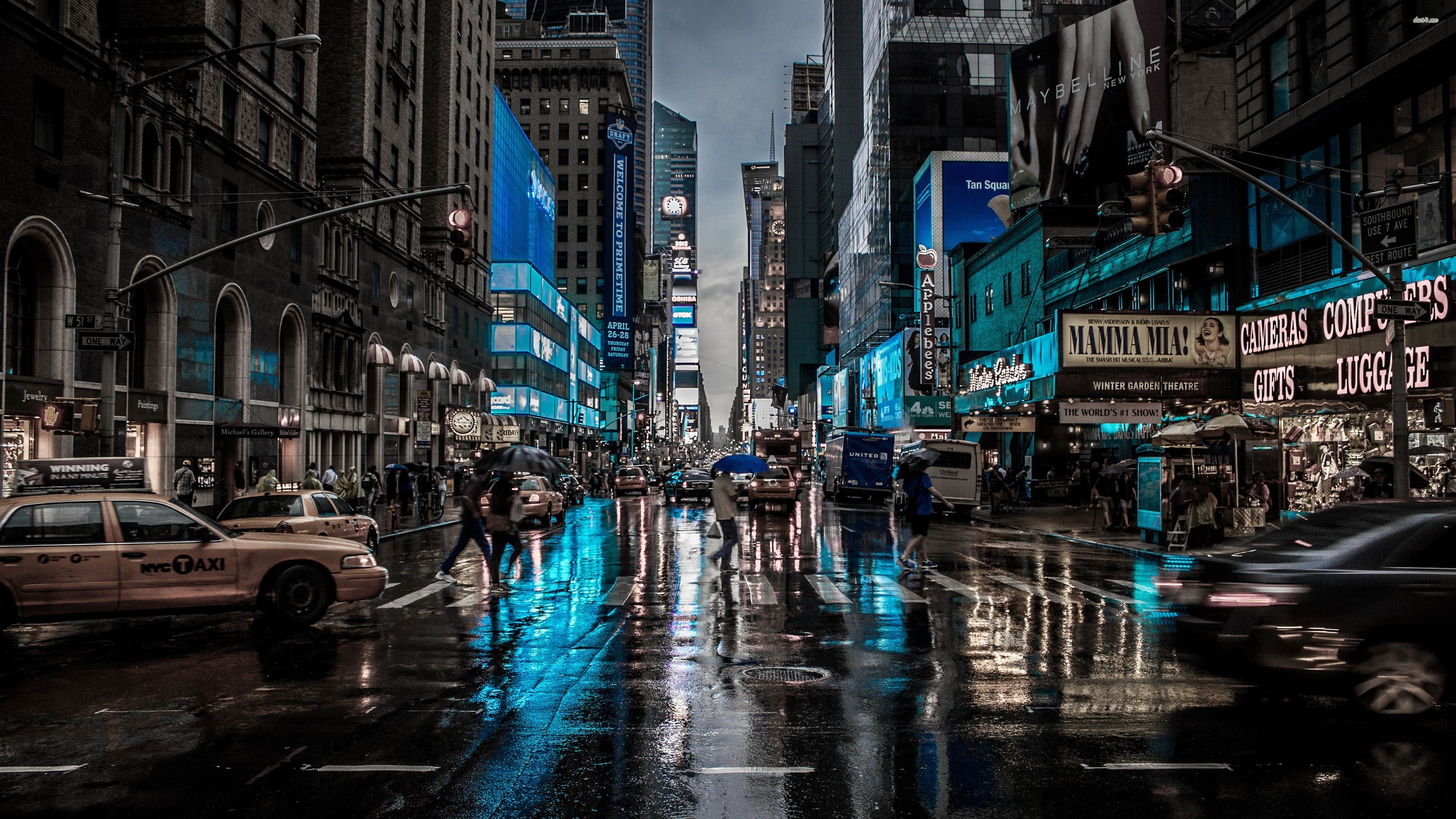 rainy, raining, metropolis, street, united states, photography, wet street, new york city, rain, street view, 4K, usa, new york, america, building, reflection, HD Wallpaper