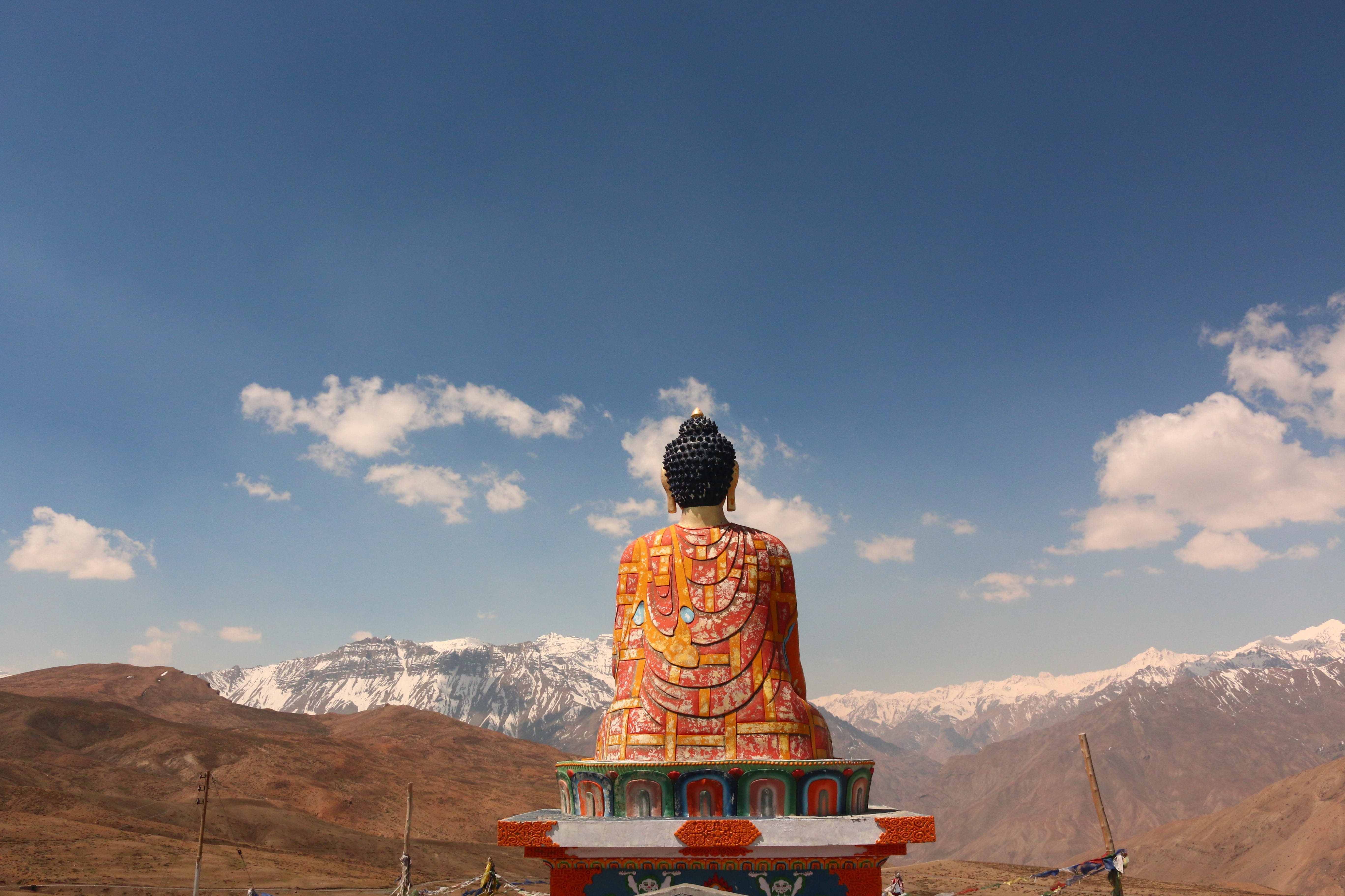 snow mountains, day, no people, statue, scenics - nature, nature, belief, himalayas, beauty in nature, langza village, spiti valley, art and craft, spirituality, HD Wallpaper