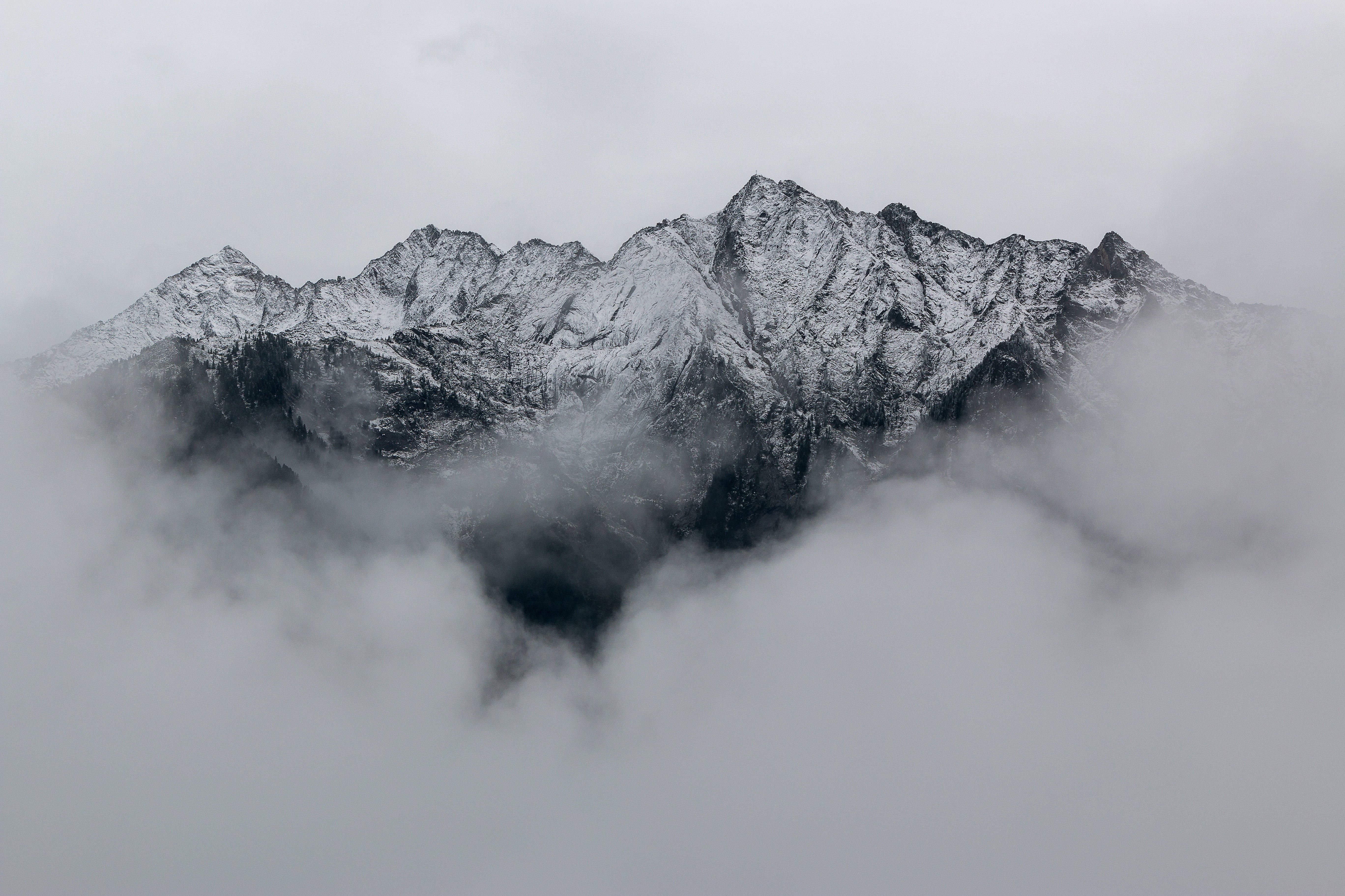 snowcapped mountain, no people, non-urban scene, mountain, mountain top, fog, day, snow, tranquil scene, winter, snowy mountain, cloud - sky, gray, clouds, HD Wallpaper
