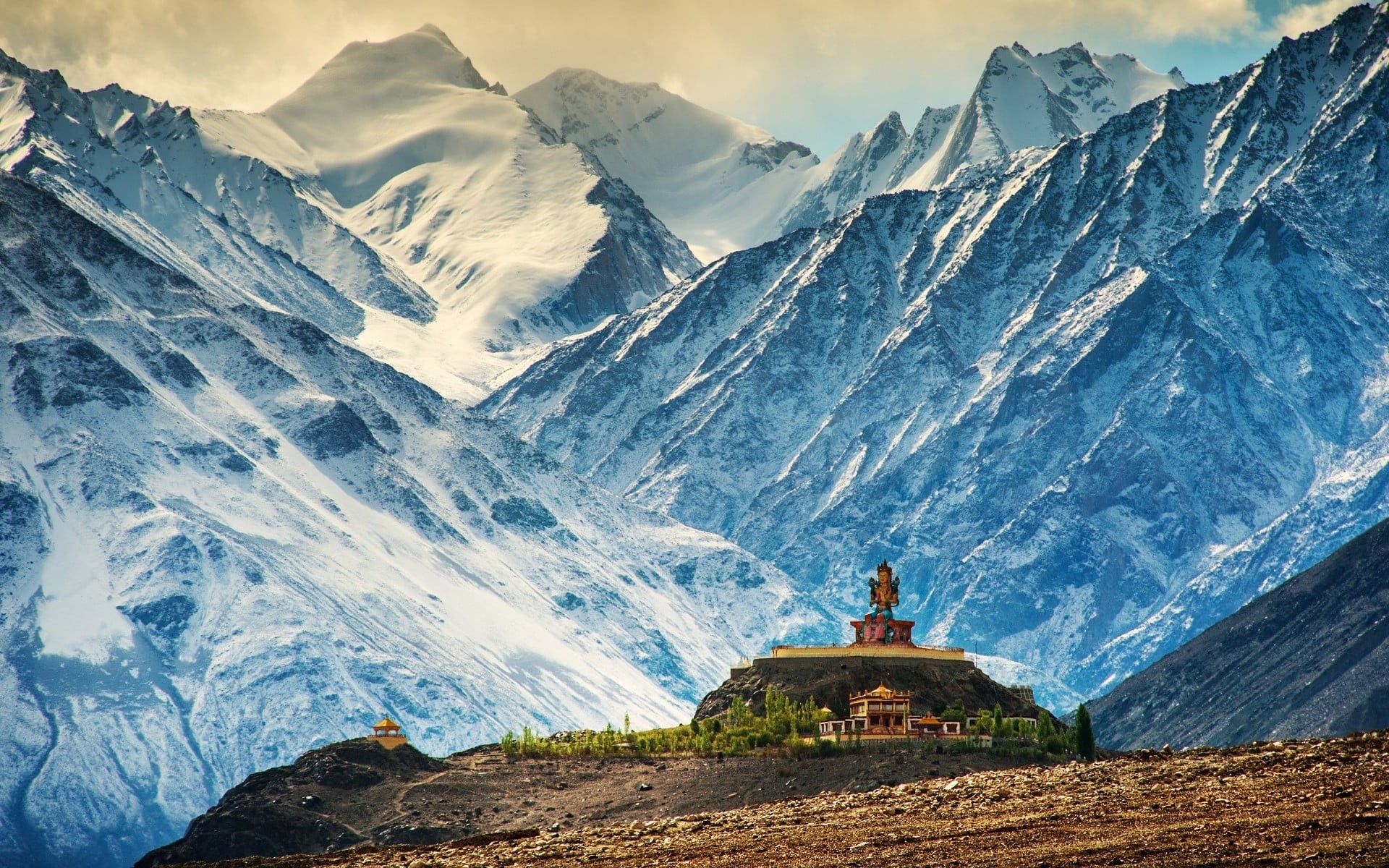 rock, mountain range, Himalayas, architecture, day, environment, outdoors, sculpture, landscape, beauty in nature, scenics - nature, religion, place of worship, HD Wallpaper