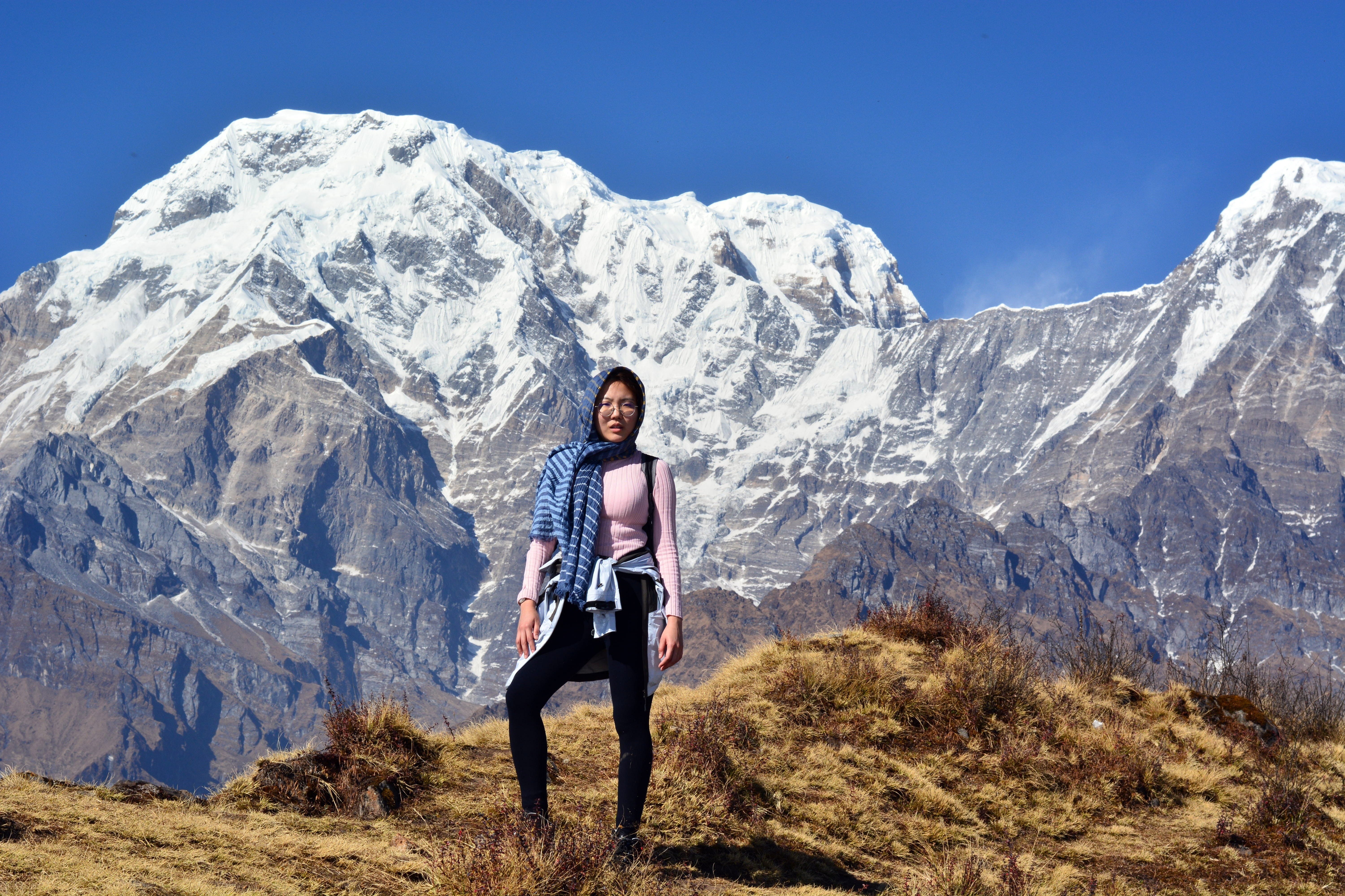 scenics - nature, nature, nepal, annapurna, lifestyles, mountain range, snow, girl, one person, activity, mountaineering, sky, himalayas, day, adventure, HD Wallpaper