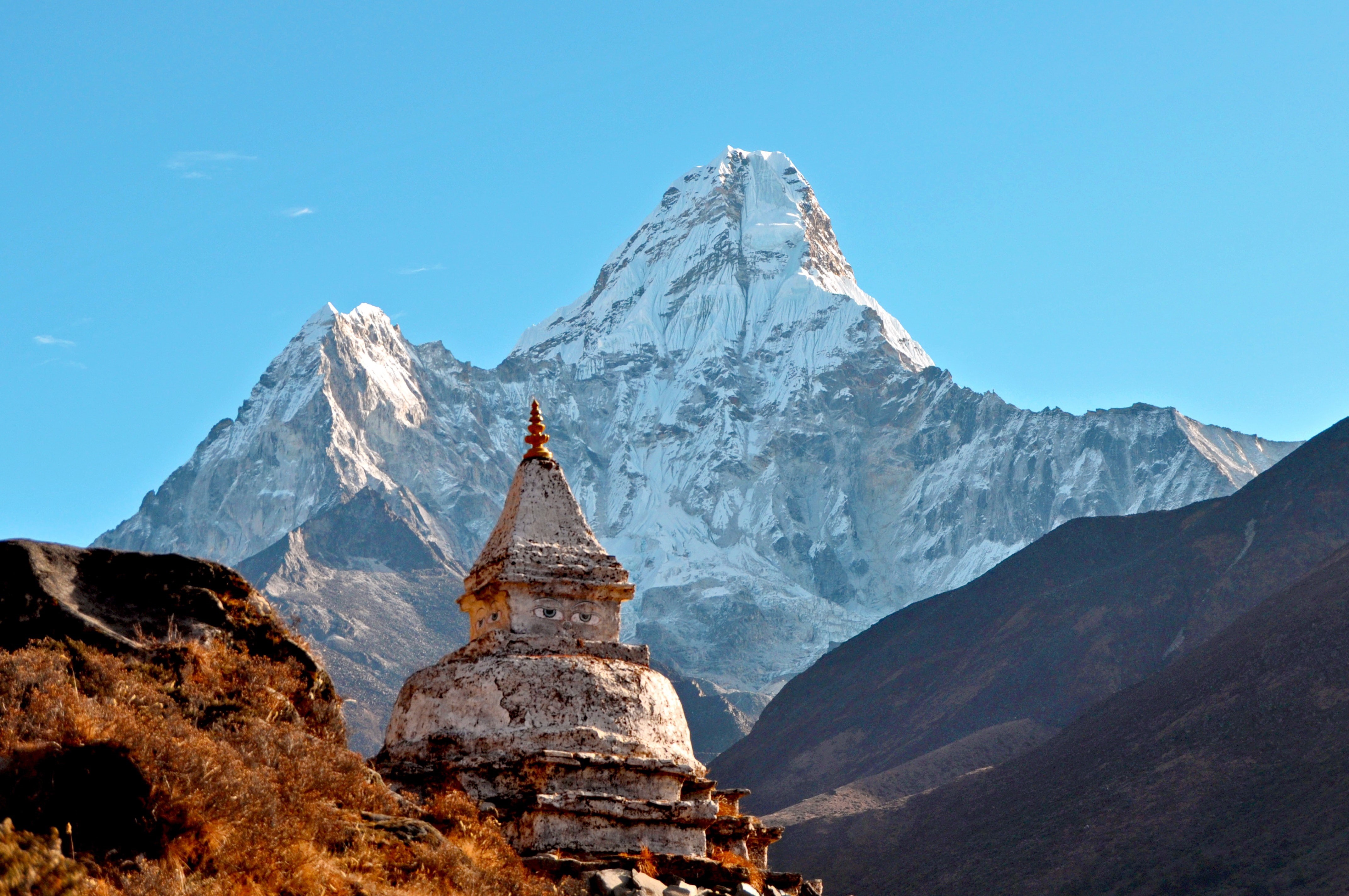 clear sky, religion, belief, outdoors, Ama dablam, beauty in nature, tourism, Temple, sky, travel, mountain peak, spire, built structure, scenics - nature, HD Wallpaper
