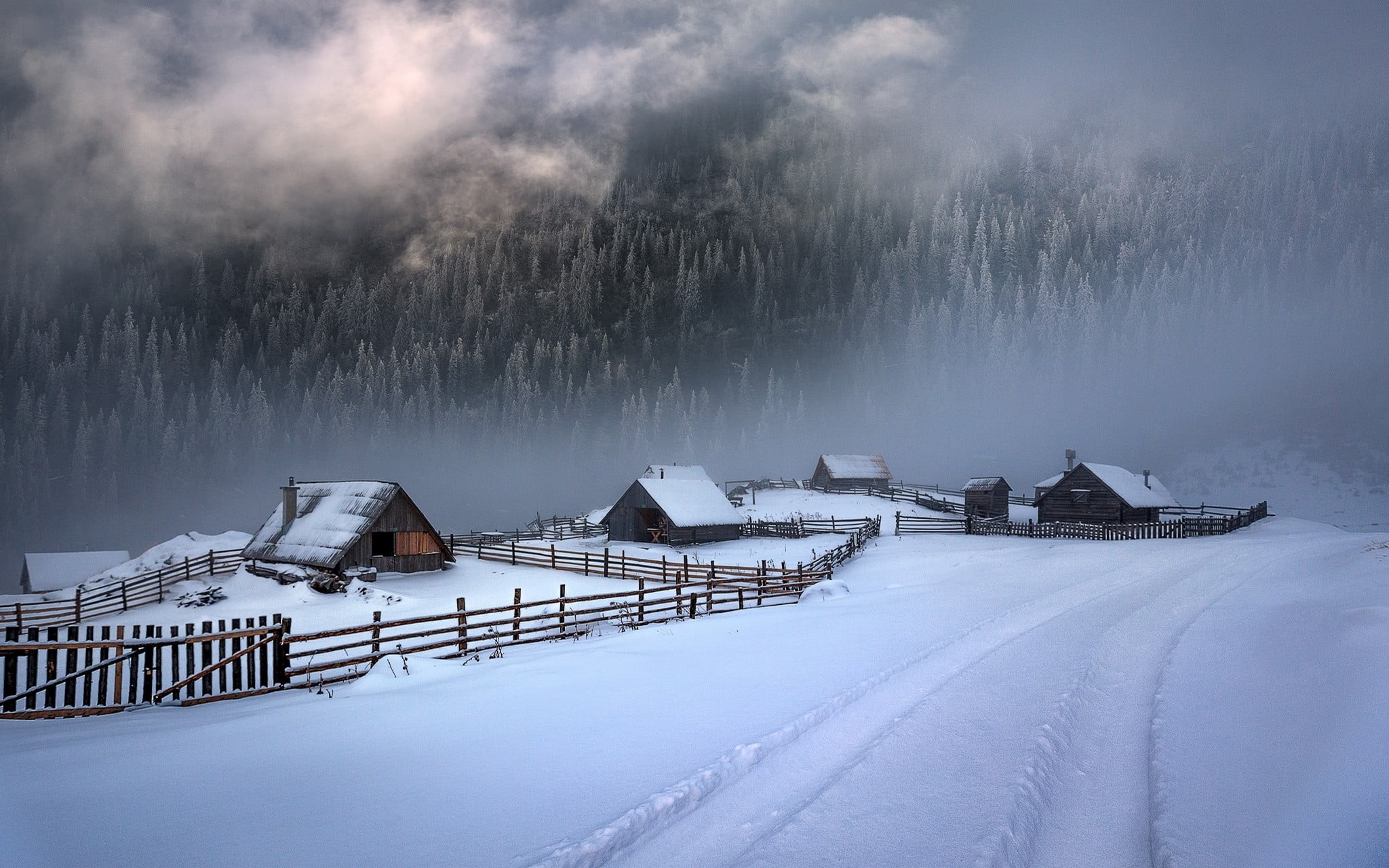 snow, covered, fence, frozen, house, wooden, tree, mountains, winter, white, tranquil scene, 1080P, forest, snowing, cloud - sky, snowcapped mountain, HD Wallpaper
