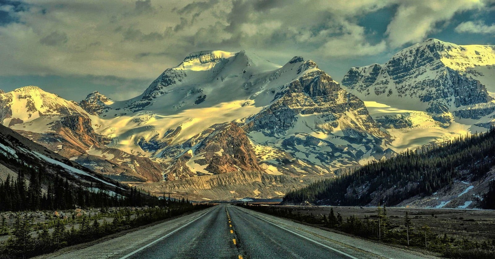 beauty in nature, snowy peak, nature, winter, Canada, Alberta, covered, near, cold temperature, snow, cloud - sky, environment, direction, sky, road, sunlight, HD Wallpaper