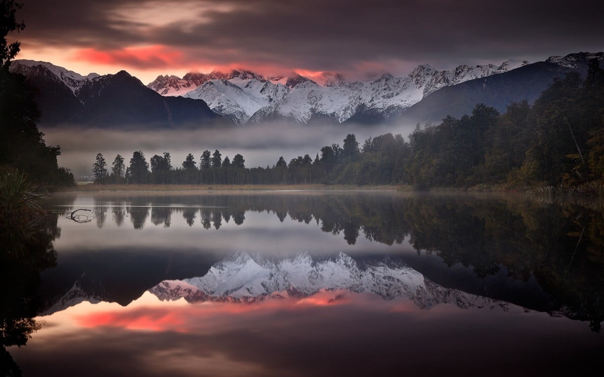 landscape, mist, water, tranquility, cloud - sky, environment, beauty in nature, New Zealand, snowy peak, clouds, sky, mountain range, lake, idyllic, tranquil scene, HD Wallpaper