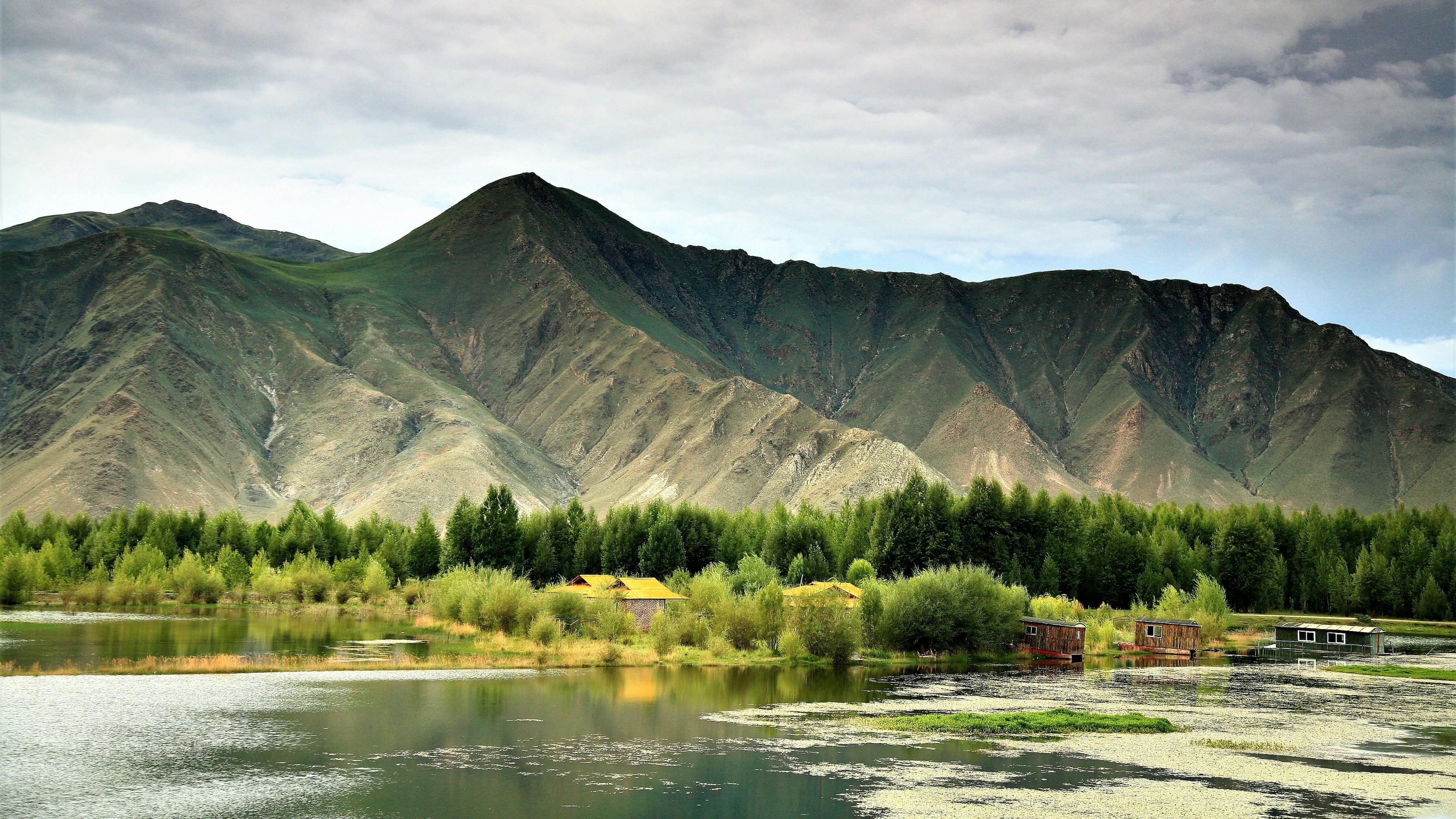 landscape, plant, tranquil scene, day, idyllic, sky, mountains, outdoors, 4K, mountain, tranquility, lhasa, tree, nature, china, mountainous landforms, HD Wallpaper