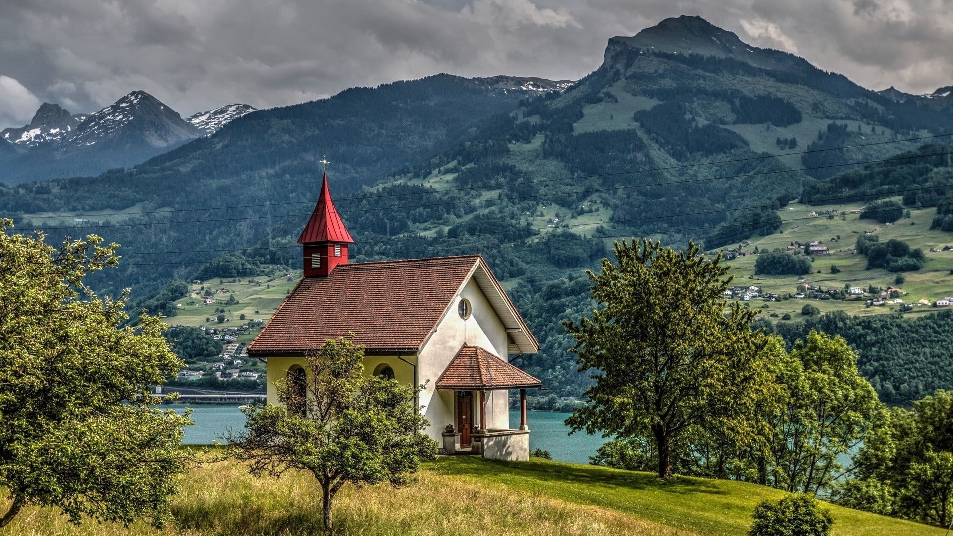 mountain, spire, landscape, religion, old building, mountains, built structure, land, 1080P, mountain range, sky, river, beauty in nature, snow, plant, HD Wallpaper