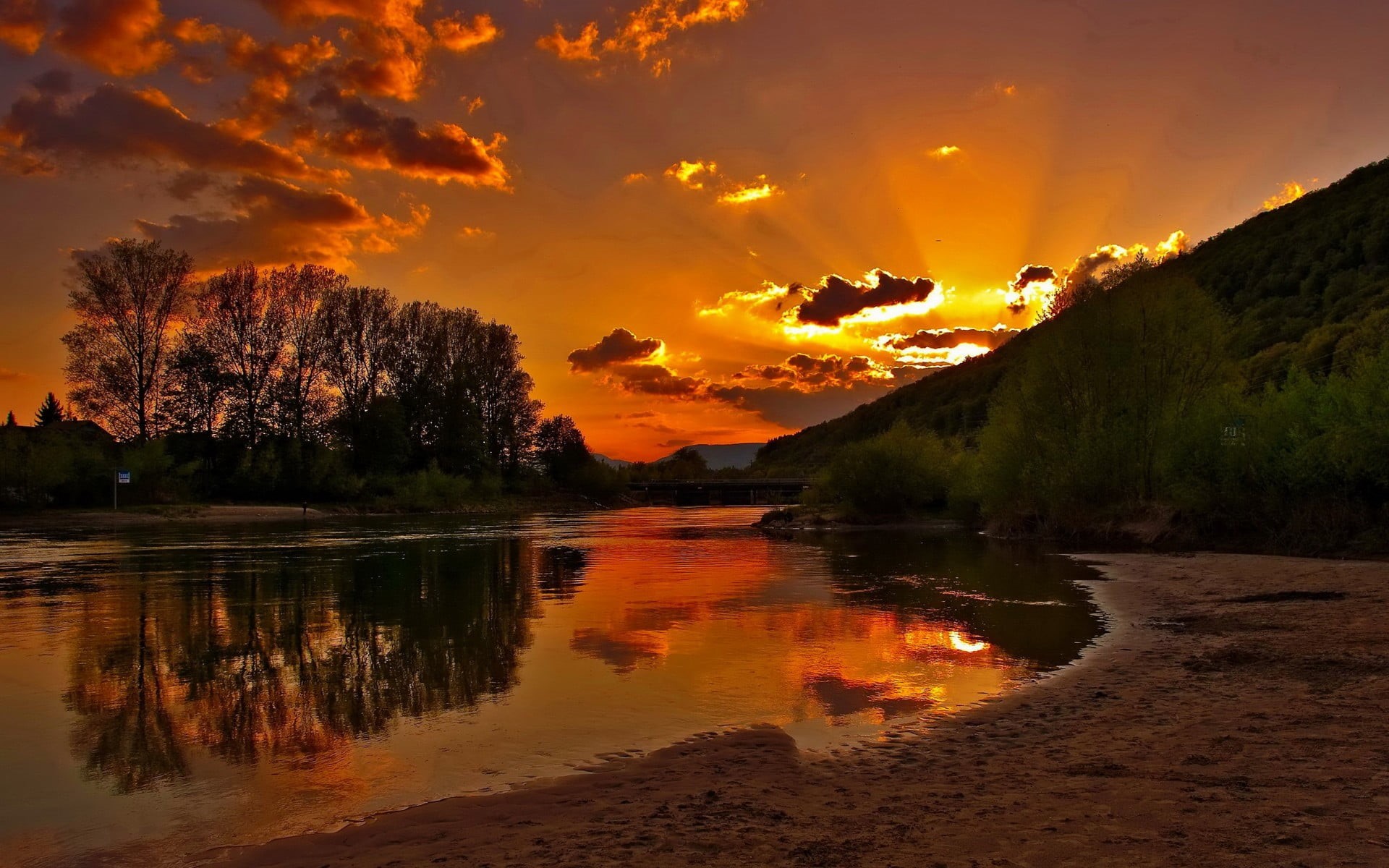 beauty in nature, non-urban scene, green, idyllic, clouds, landscape, trees, water, leaf, lake, no people, sunlight, sky, cloud - sky, 1080P, sunset, land, HD Wallpaper