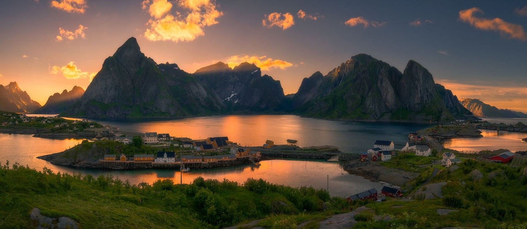 transportation, village, morning, environment, concrete, bay of water, landscape, sunset, tranquility, house, panoramic, mountains, Norway, 720P, travel, HD Wallpaper
