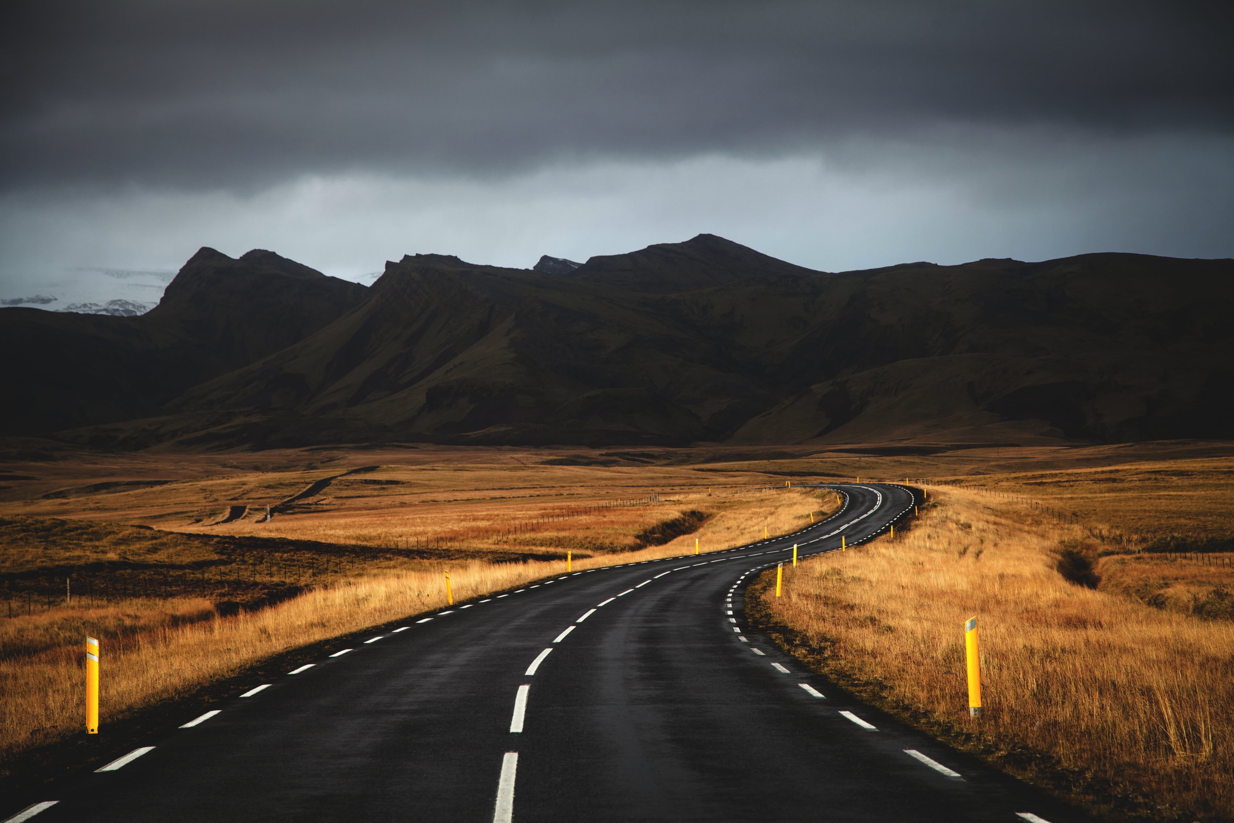concrete, nature, 4K, travel, mountain, near, grass, asphalt, concrete road, summer, no People, autumn, islandia, journey, road, outdoors, cloud - Sky, HD Wallpaper