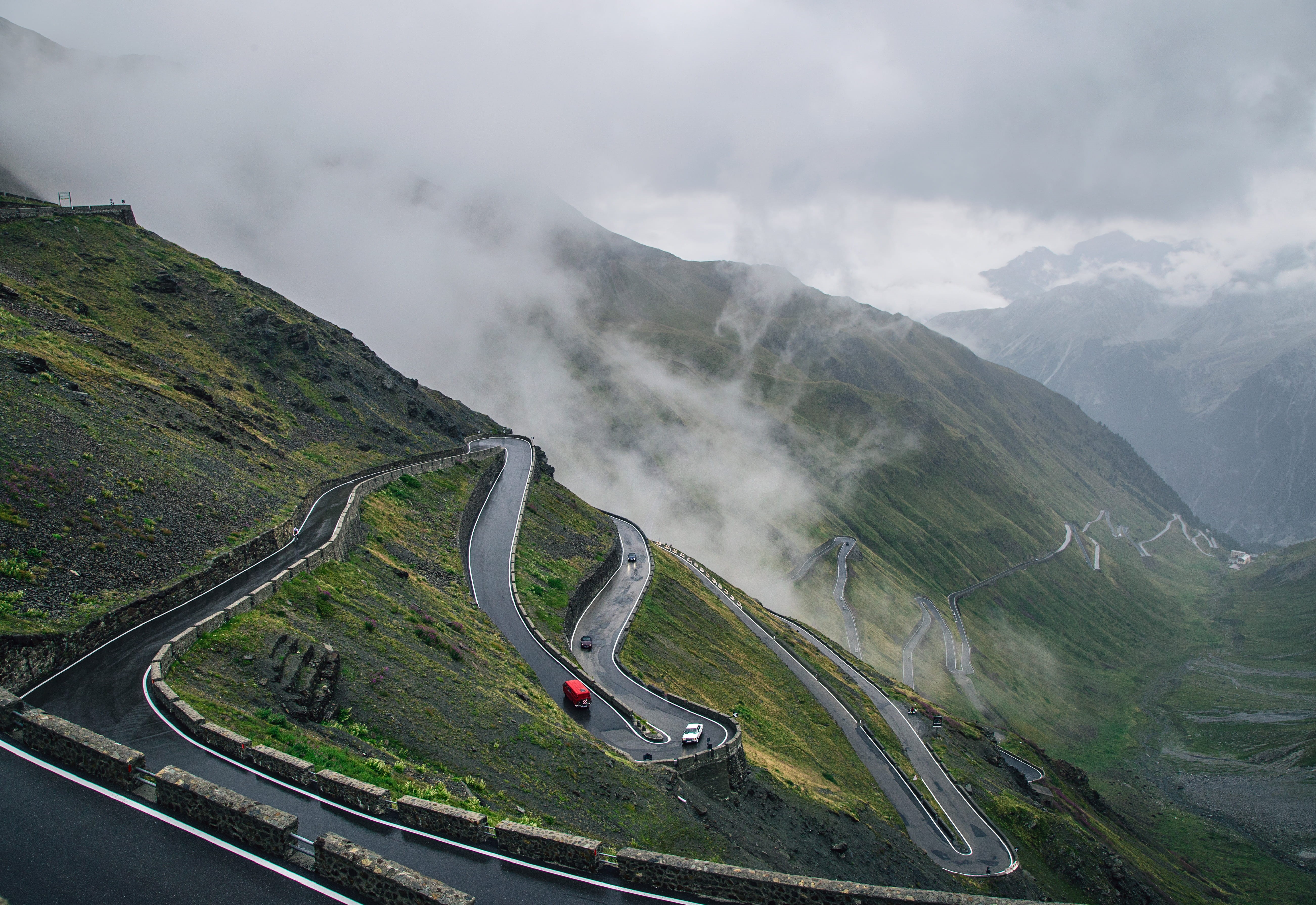car, mountain road, zigzag, 5K, cloud, covered, nature, landscape, mountain range, scenics, winding road, non-urban scene, outdoors, highway, beauty in nature, HD Wallpaper