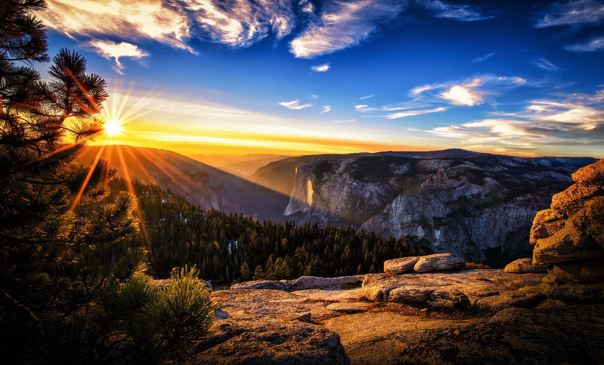 scenics - nature, outdoors, sunset, idyllic, sunrise, orange color, lens flare, rock, tranquil scene, landscape, beauty in nature, sun, mountain, sunbeam, HD Wallpaper