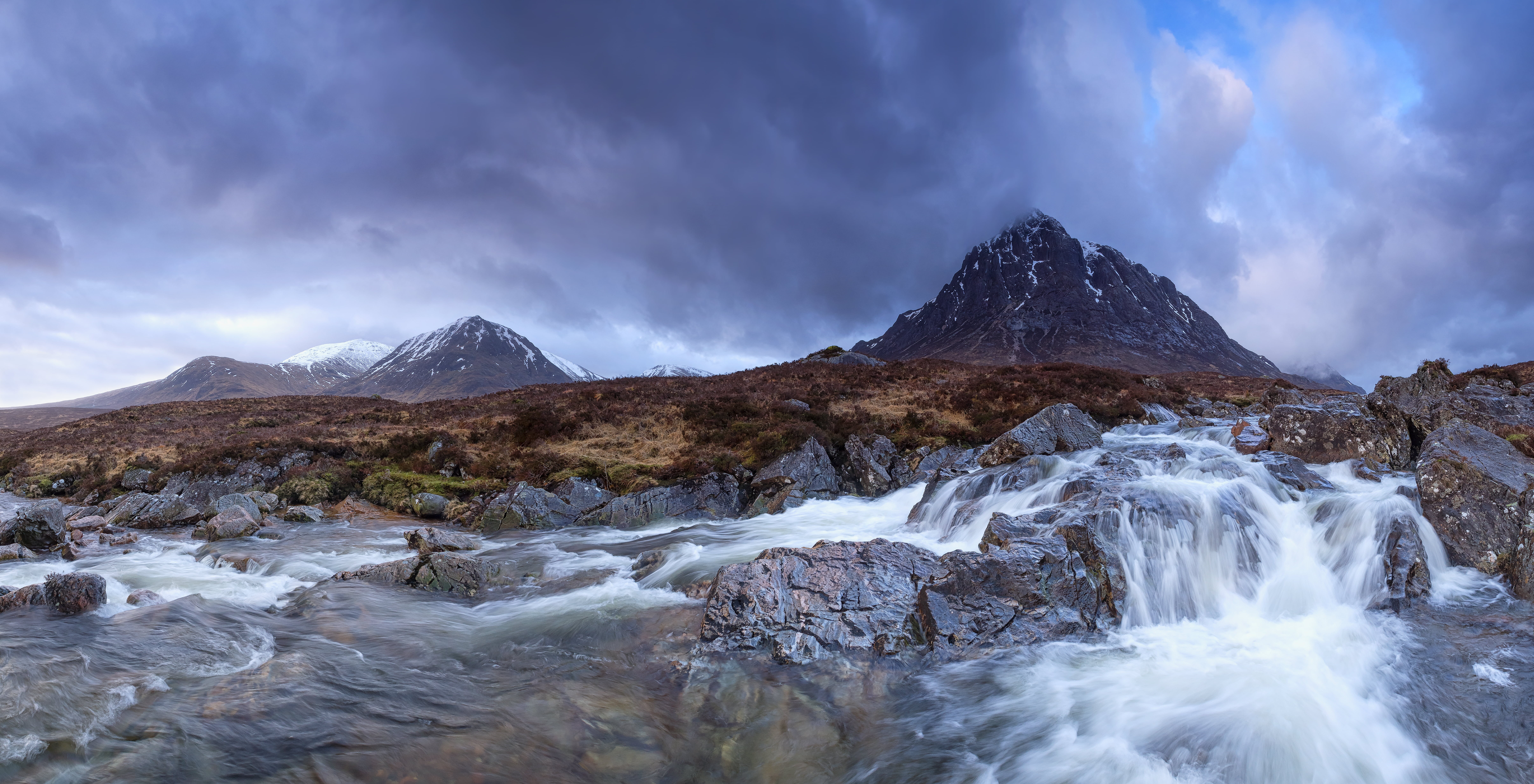 mountain, landscape, outdoors, 8K, Waterfall, nature, photography, daytime, mountain Peak, landscape photography, travel, panorama, Glencoe  River, West Highlands, HD Wallpaper