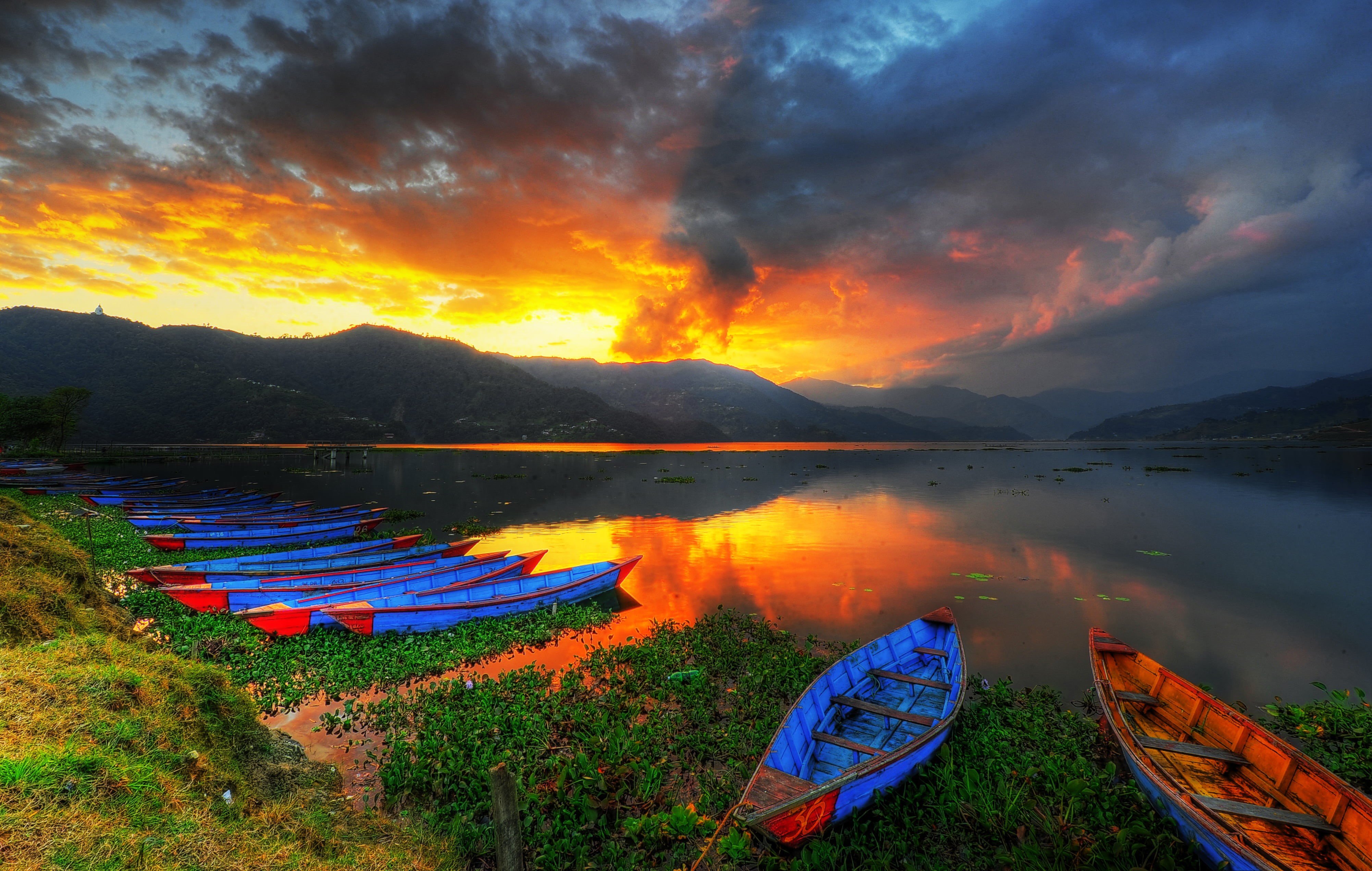 4K, outdoors, landscape, nature, reflected, reflection, nautical Vessel, Phewa Lake, Sunset, phewa, Pokhara, colorful, near, sunsets, lake, scenics, water, HD Wallpaper