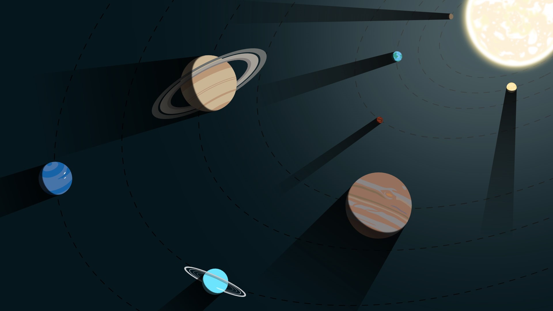 Pluto, 1080P, digital art, minimalism, geometry, Earth, Mercury, Sun, Uranus, Neptune, Solar System, universe, Venus, shadow, Saturn, Jupiter, sunlight, HD Wallpaper