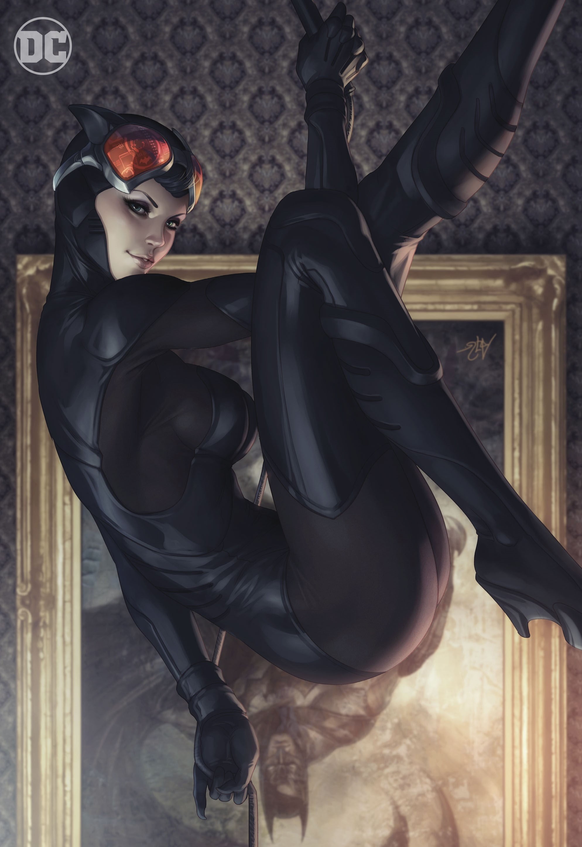 artwork, women, fantasy girl, Batman, DC Universe, upside down, DC Comics, Artgerm, Catwoman, 2K, 2013 (Year), Phone HD Wallpaper