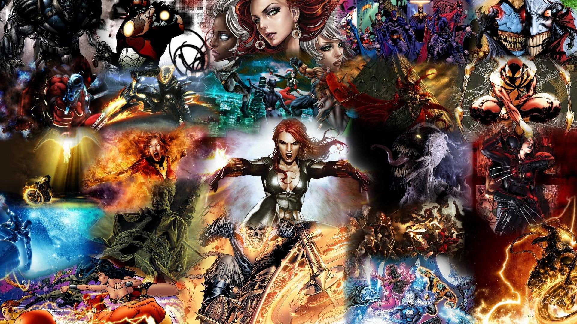 funny books, colorful, super hero, villain, blaze, 1080P, fight, book, collage, wonder woman, comic, save, fire, HD Wallpaper
