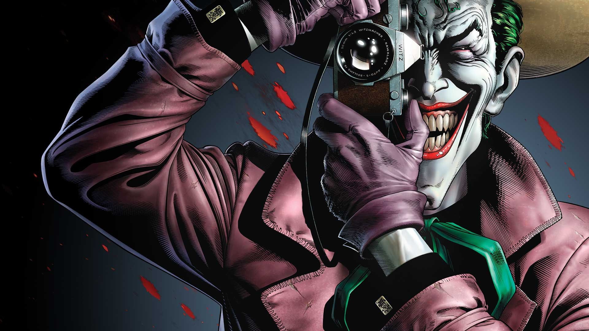 Smile, 1080P, Hat, DC Comics, Photo camera, Blood, The camera, Batman: The Killing Joke, Villain, Comics, Joker, Gloves, Teeth, Comic, HD Wallpaper