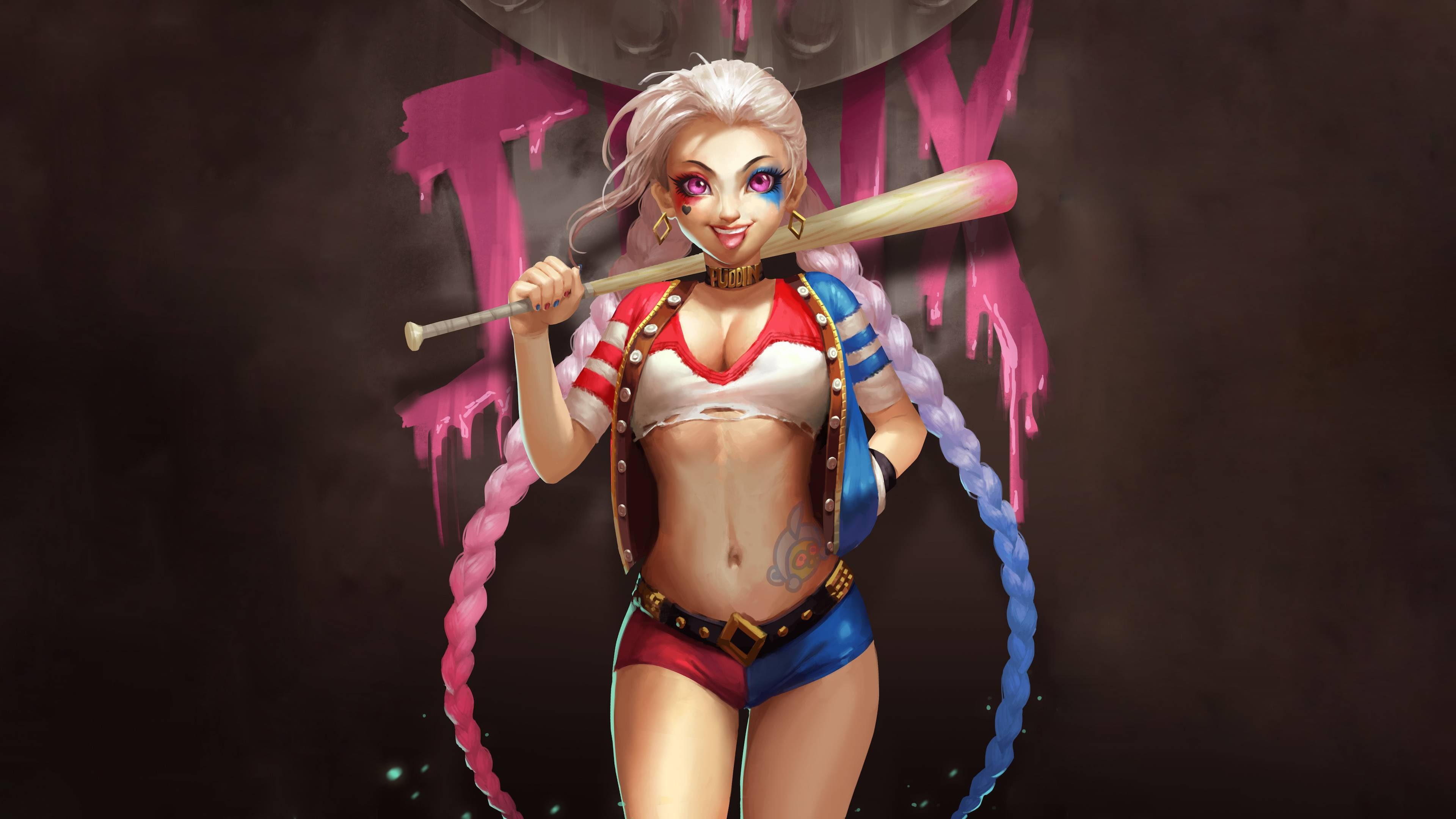 4K, Baseball bat, Pigtails, Eyes, Villain, Language, Harley Quinn, Jinx, Braids, Tongue, The villain, Hair, Comics, Look, Shorts, DC Comics, Chest, League, HD Wallpaper