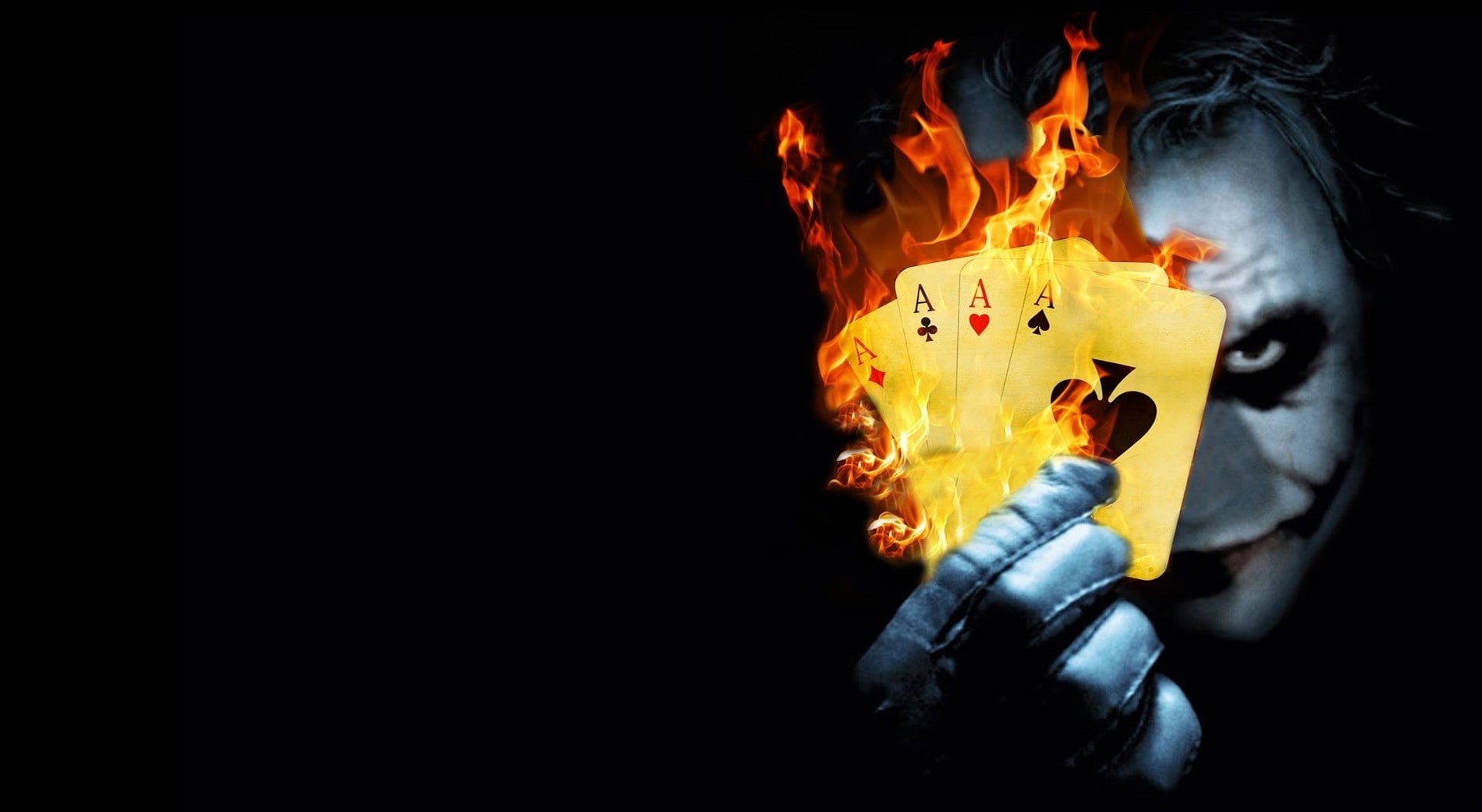 orange color, black background, dark, cards, heath, creativity, 1080P, Movies, holding, art and craft, joker, aces, burning, communication, HD Wallpaper