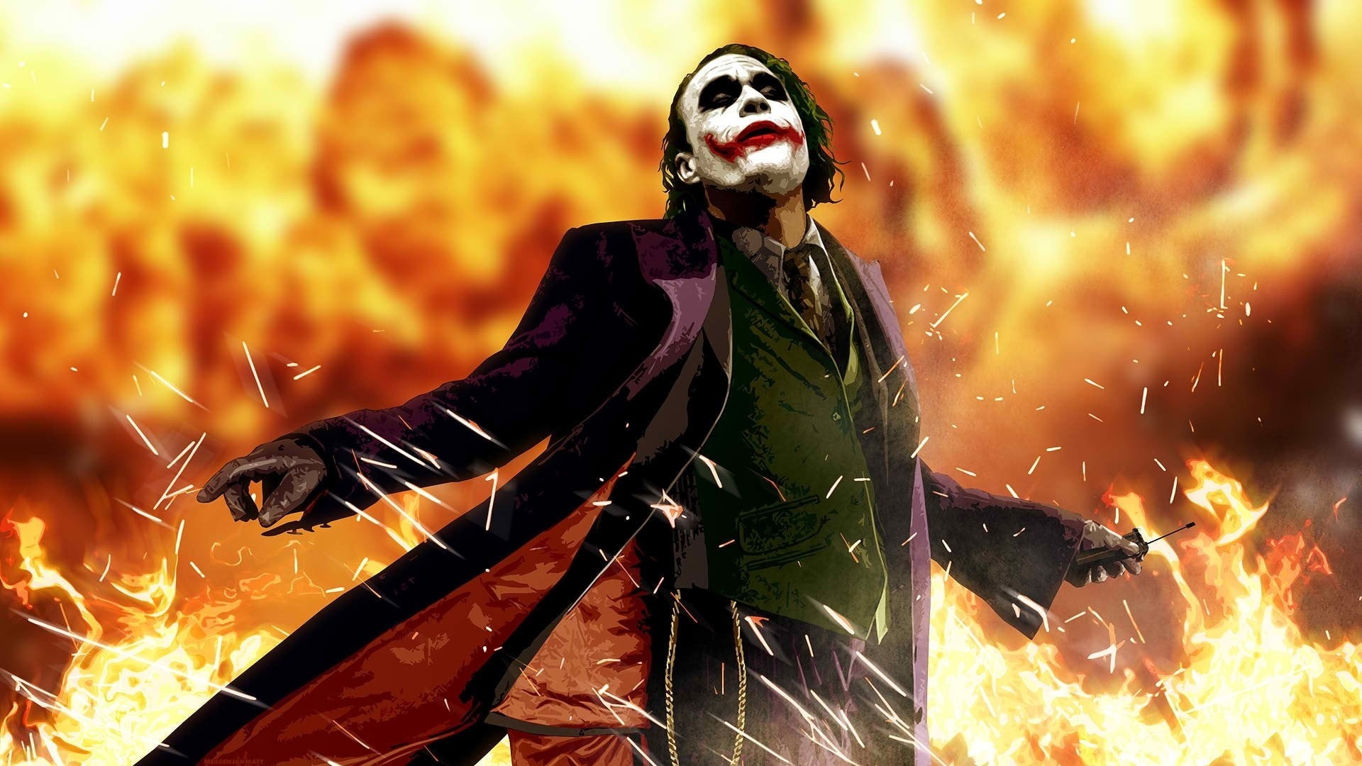 fire - natural phenomenon, burning, orange color, Batman, anime, spooky, Heath Ledger, celebration, event, art and craft, representation, horror, Joker, HD Wallpaper