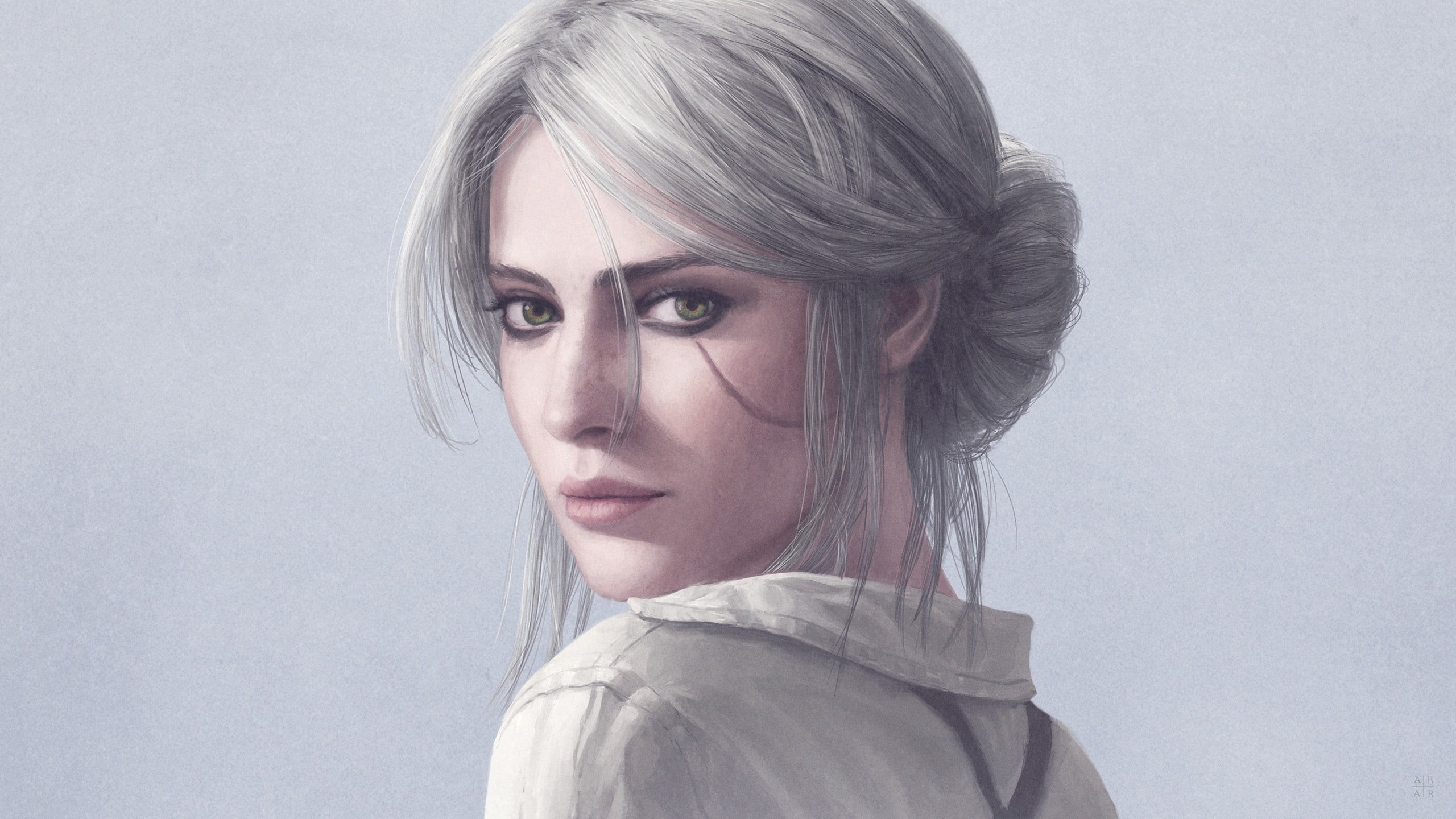 teenager, indoors, young adult, The Witcher 3: Wild Hunt, blond hair, gray, Cirilla Fiona Elen Riannon, beauty, hairstyle, serious, looking at camera, portrait, HD Wallpaper