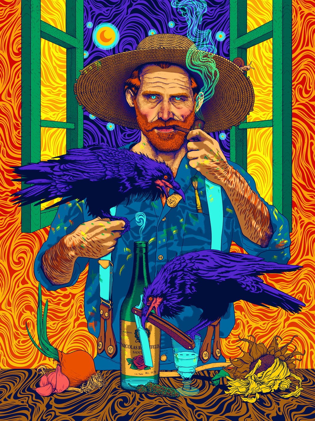 occupation, mature adult, smoking, human face, multi colored, crow, paint, beard, psychedelic, sunflowers, human body part, adult, 720P, facial hair, males, Phone HD Wallpaper