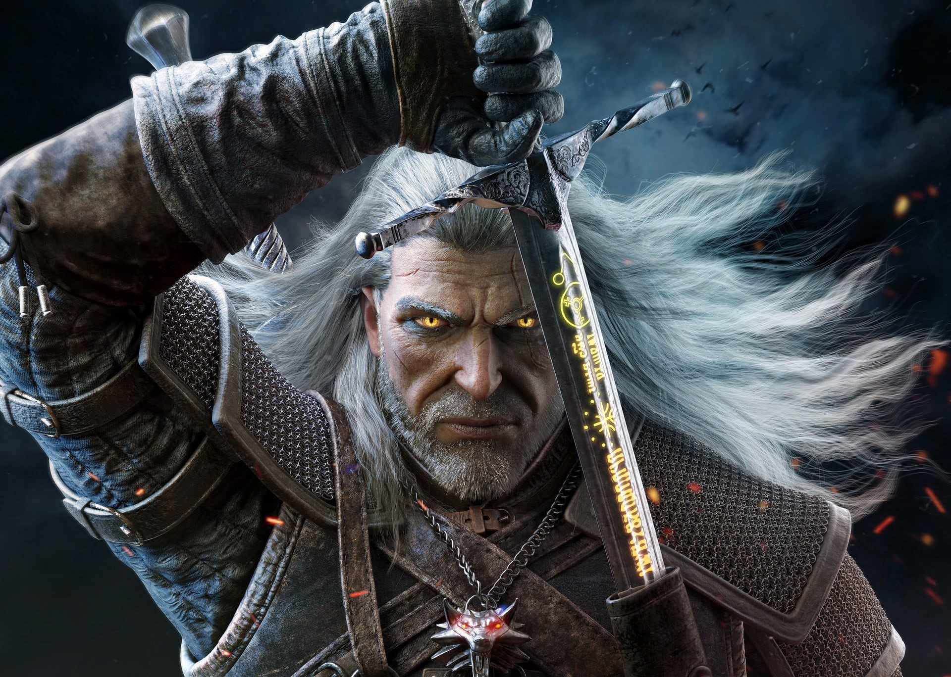 1080P, adult, geralt, hairstyle, males, witcher, casual clothing, front view, senior adult, mature adult, waist up, The Witcher 3: Wild Hunt, close-up, HD Wallpaper