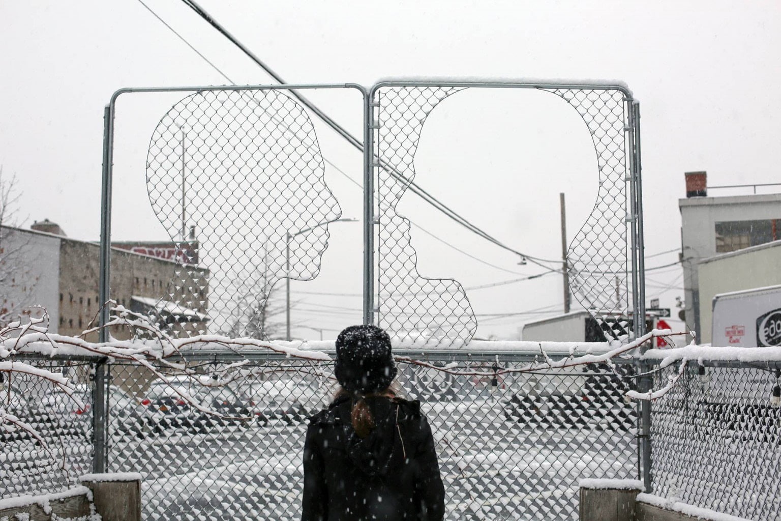 model, two, outdoors, built structure, fences, street, building exterior, city, coats, street art, barrier, winter, safety, branch, fence, black jackets, HD Wallpaper