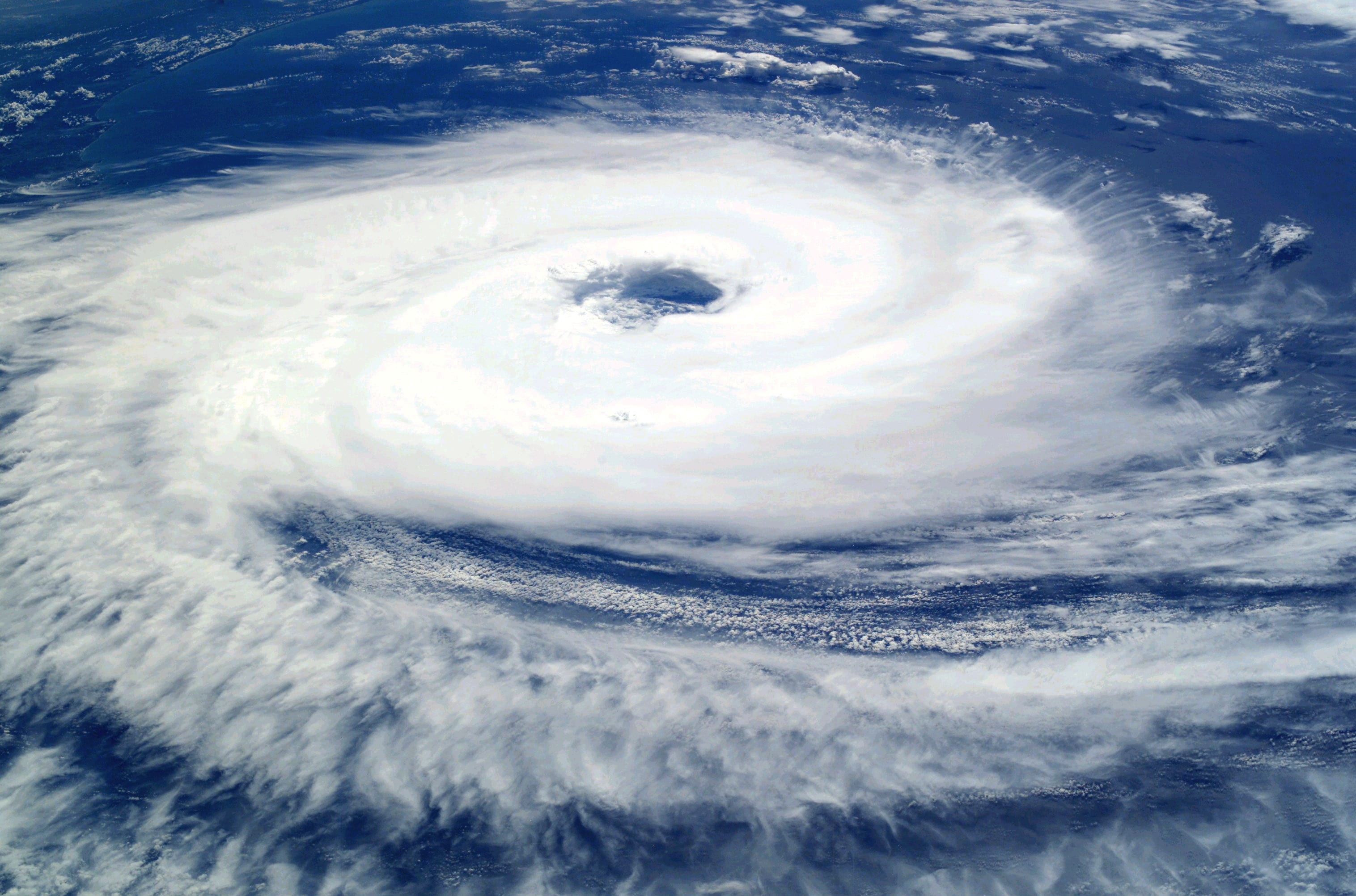 2K, aerial view, swirl, cloud - sky, sky, satellitenbid, nature, outdoors, planet earth, meteorology, sea, no people, motion, power in nature, hurricane, HD Wallpaper