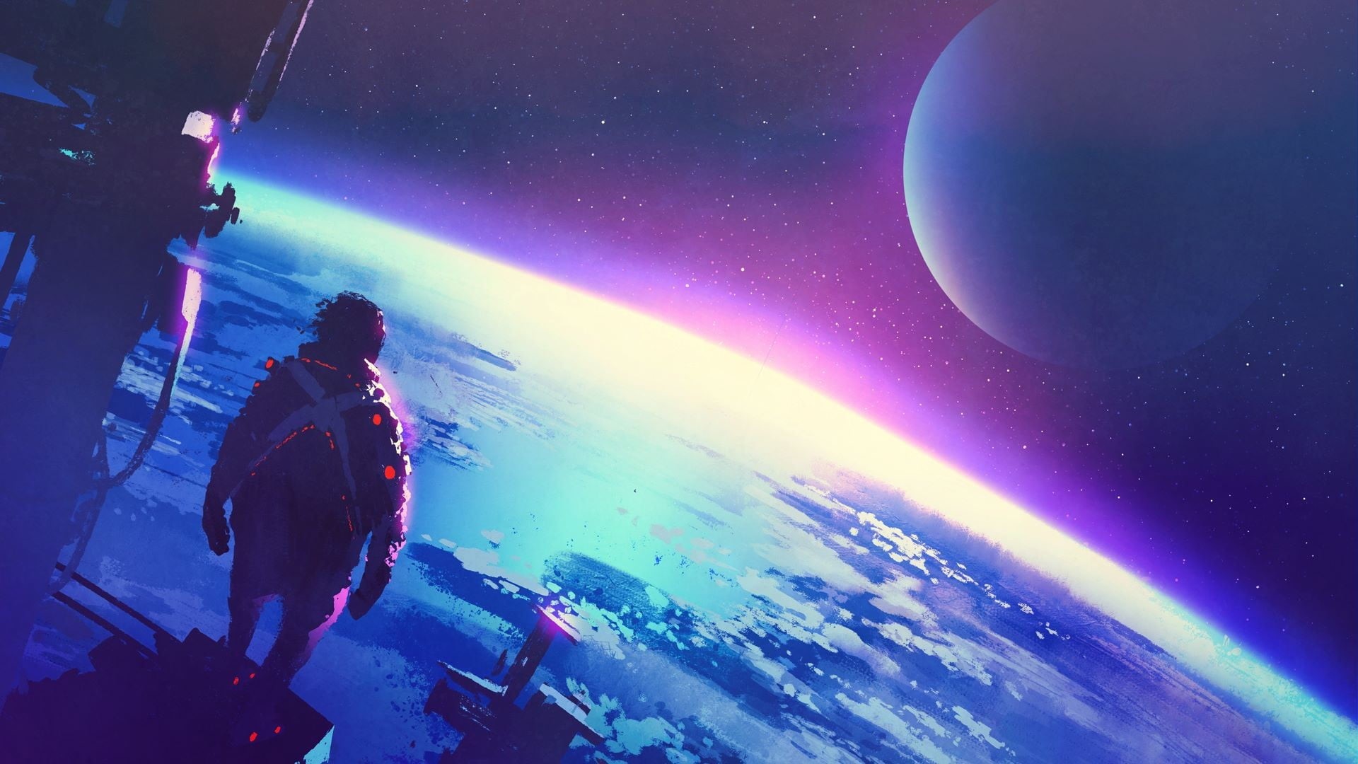 astronaut, standing, dark, science fiction, blue, group of people, multi colored, alien, nebula, earth, star - Space, 1080P, beauty in nature, outdoors, HD Wallpaper