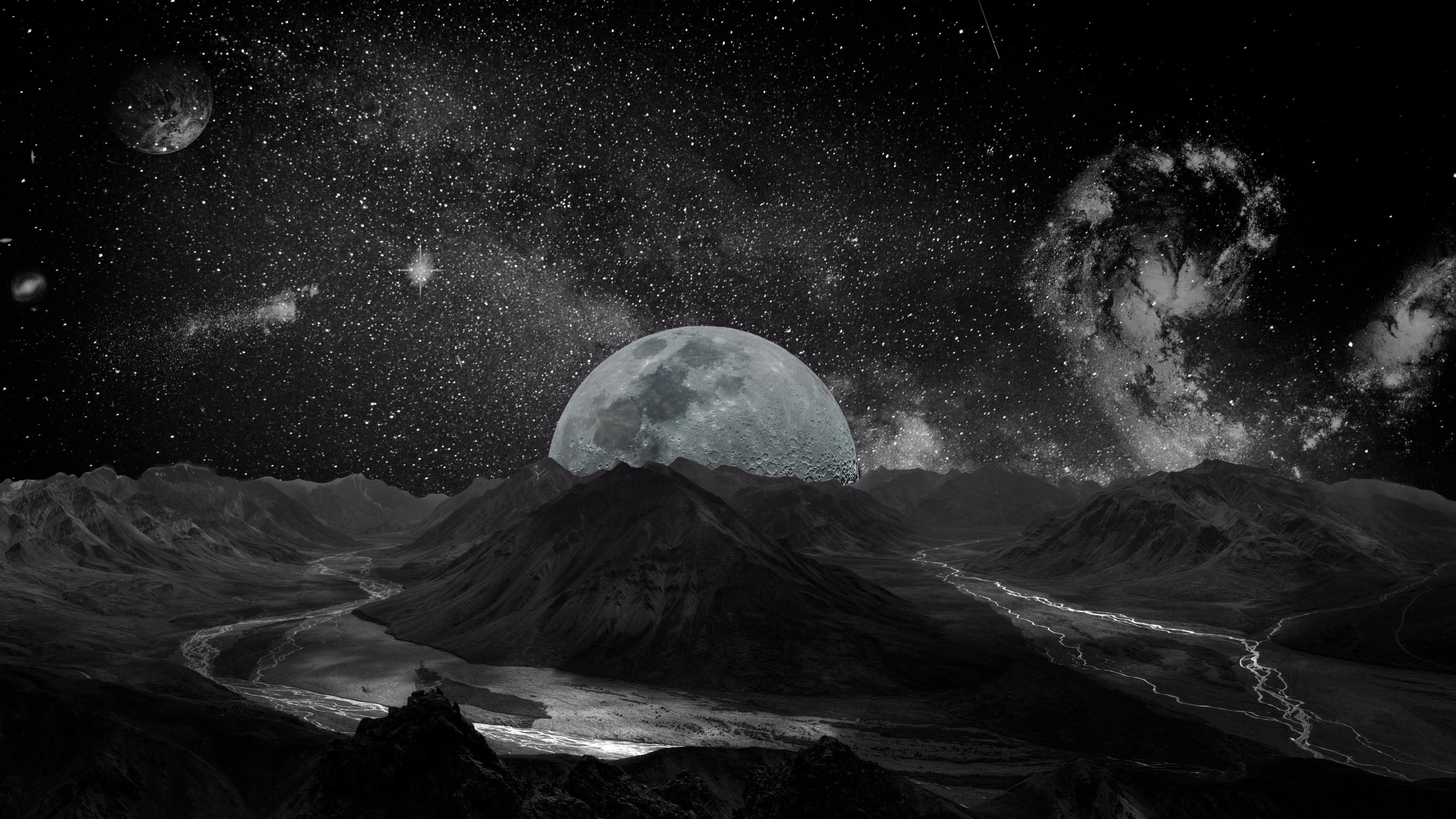 planet, 4K, black, milky way, universe, sky, astronomical object, moon, fantasy world, black and white, monochrome, night, outer space, darkness, HD Wallpaper