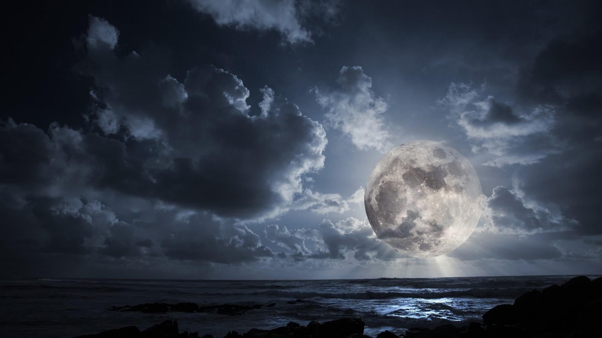 full moon, cloud - sky, tranquility, 1080P, night sky, moon, sky, no people, power in nature, outdoors, scenics - nature, sea, beauty in nature, astronomy, HD Wallpaper