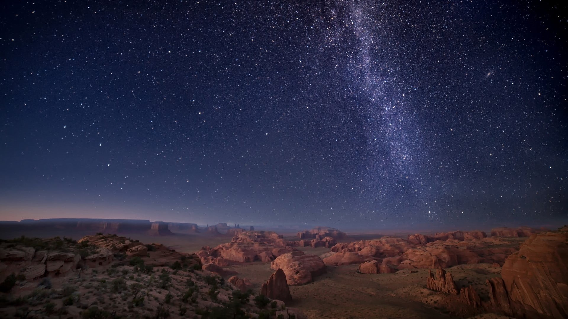 galaxy, landscape, nature, Arizona, USA, stars, 1080P, canyon, plants, Monument Valley, night, rocks, mountains, horizon, HD Wallpaper