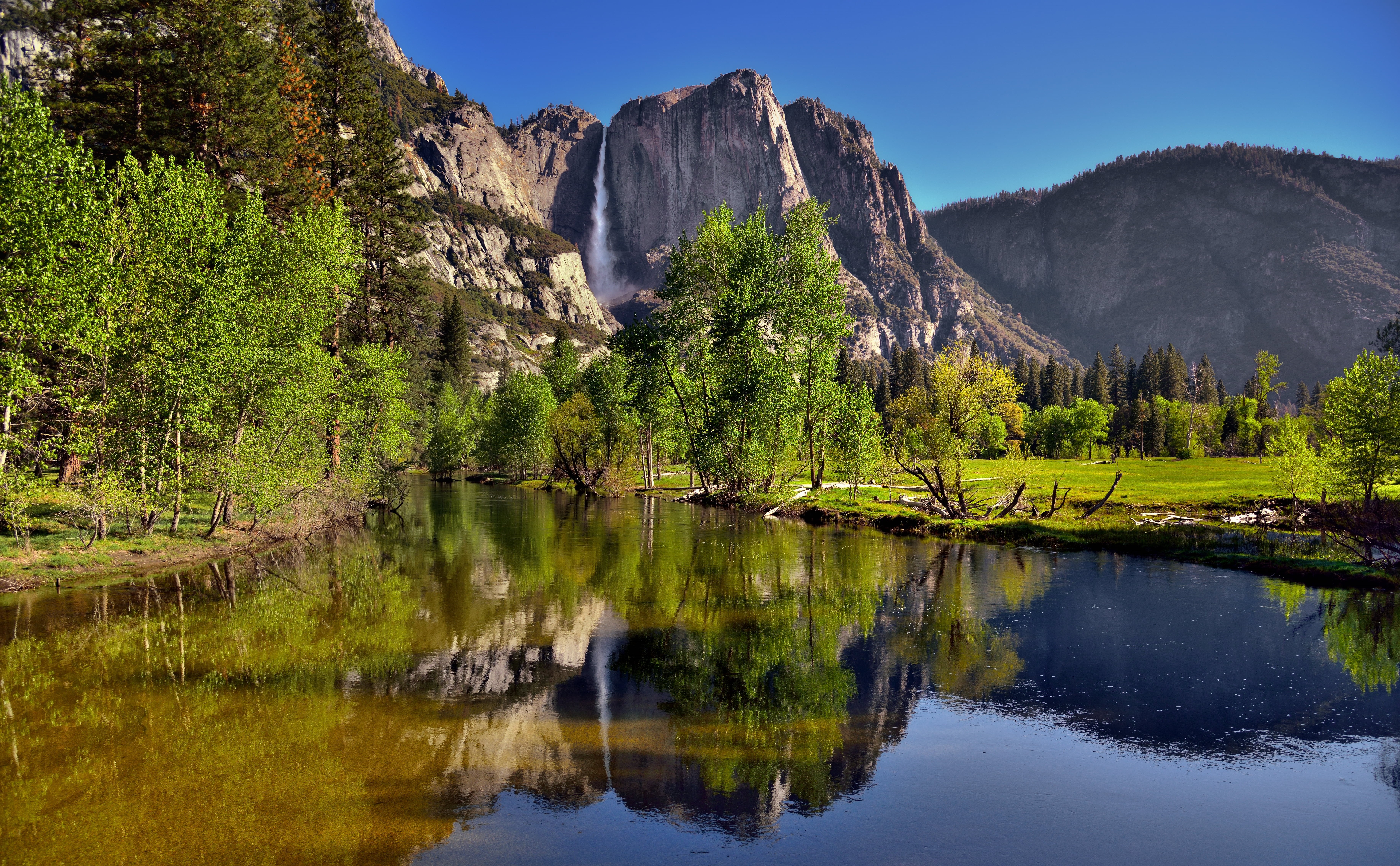 NX2, River  Mountains, green leaves, field, Pro  Day, United States, beauty In Nature, Yosemite Falls, photography, mountain, body of water, tree, Sierra Nevada, HD Wallpaper