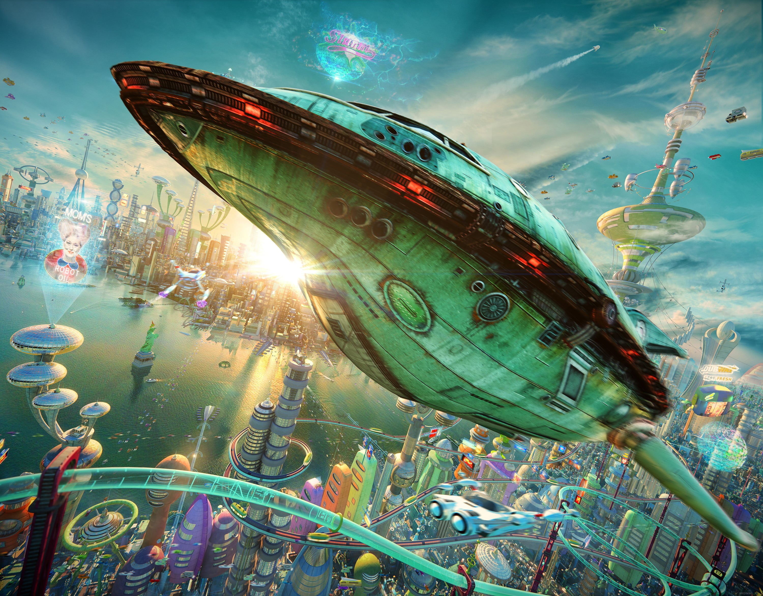 maroon, sunbeam, amusement park, realistic, transparent, fish, 3D, 2K, sky, transportation, green, Futurama, water, sunlight, rocket, city, digital composite, HD Wallpaper
