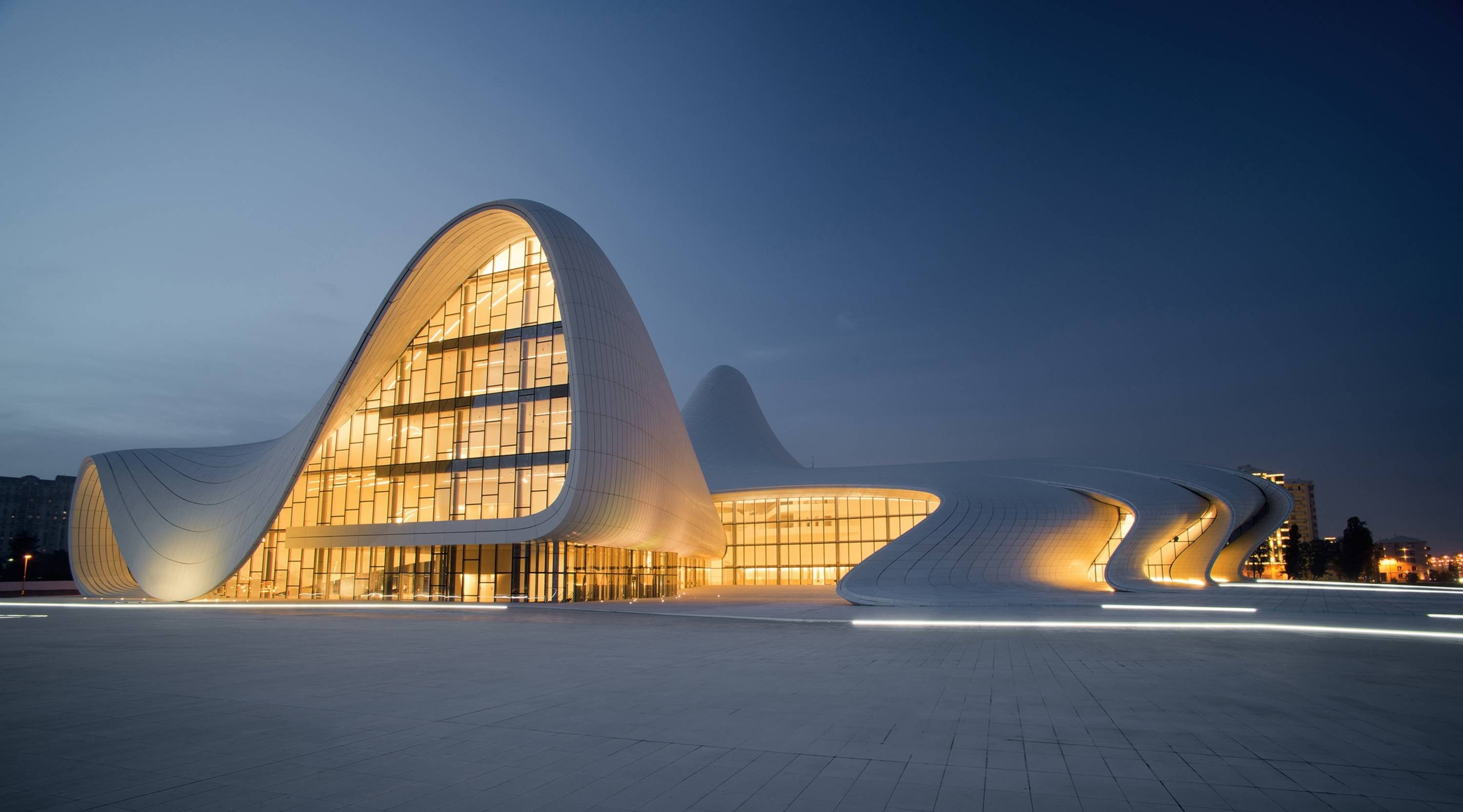Azerbaijan, queen, city, tiles, clear sky, concert hall, curve, travel, illuminated, hadid, building, 2K, lights, blue, built structure, night, museum, HD Wallpaper