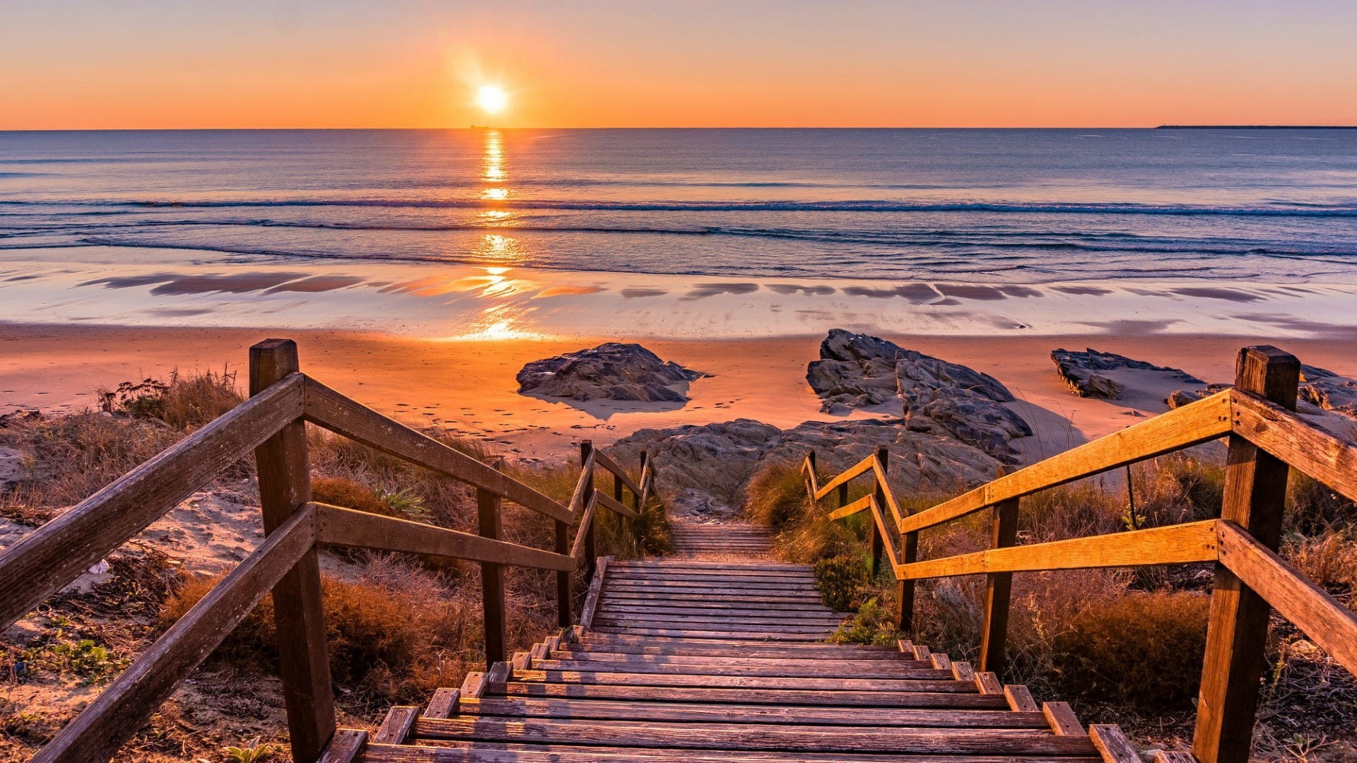boardwalk, sky, ocean, sunlight, sunset, 1080P, evening, horizon, europe, portugal, wood, stairs, sea, dawn, coast, dusk, shore, beach, HD Wallpaper