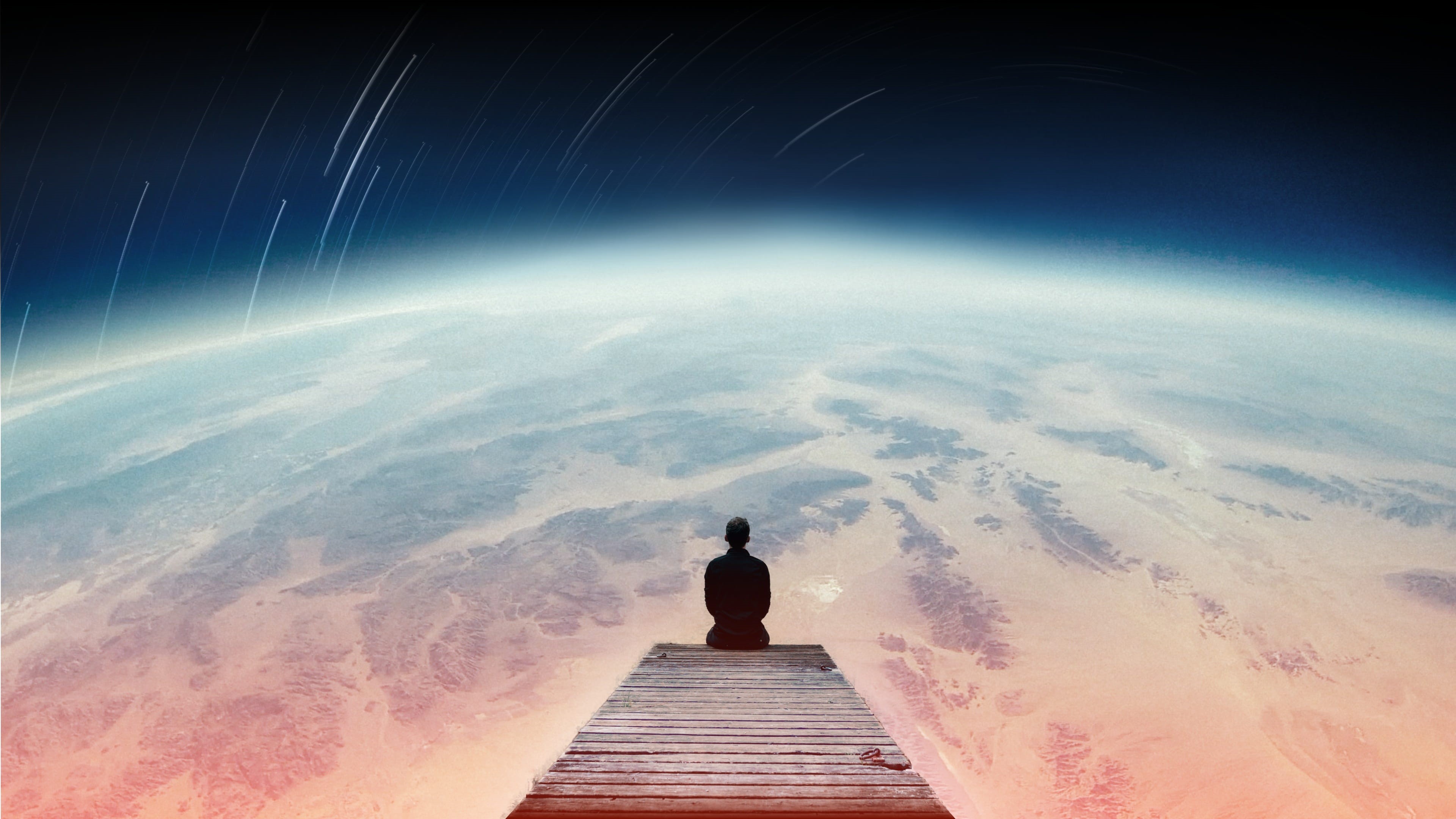 planet, stargazing, star - space, man on pier, man sitting on pier, futuristic, red, digital composite, the way forward, rear view, adult, future, man sitting looking at planet, HD Wallpaper