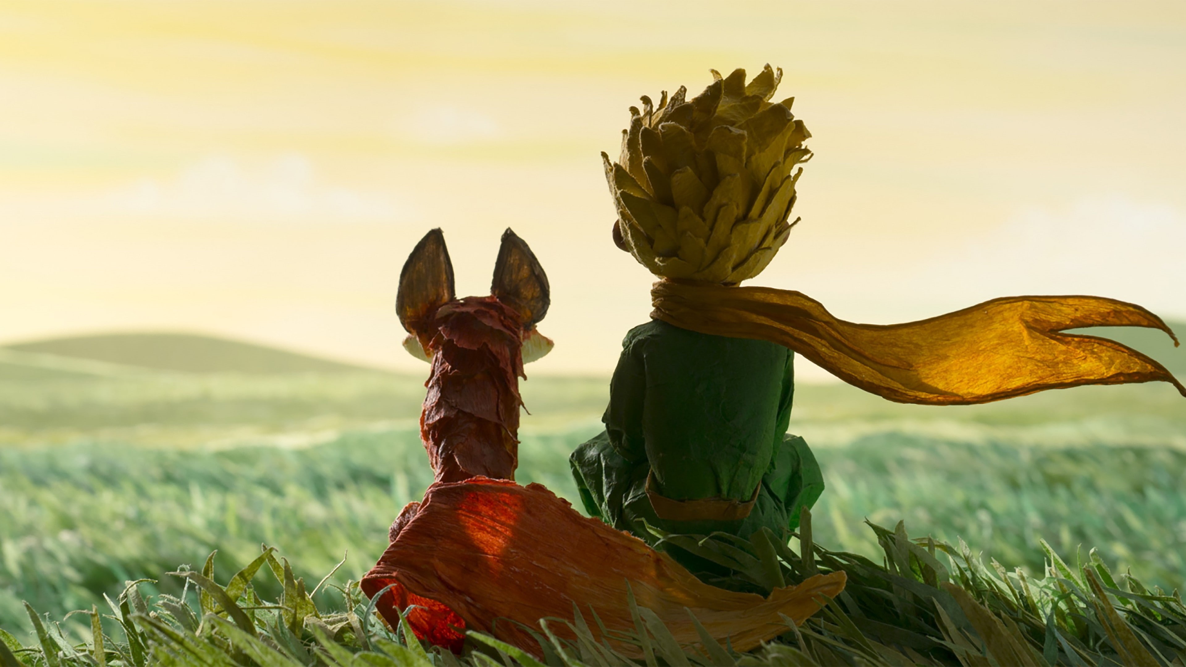 4K, sitting, The Fox, boy, grass, animal, character, The Little Prince, cartoon, green, HD Wallpaper
