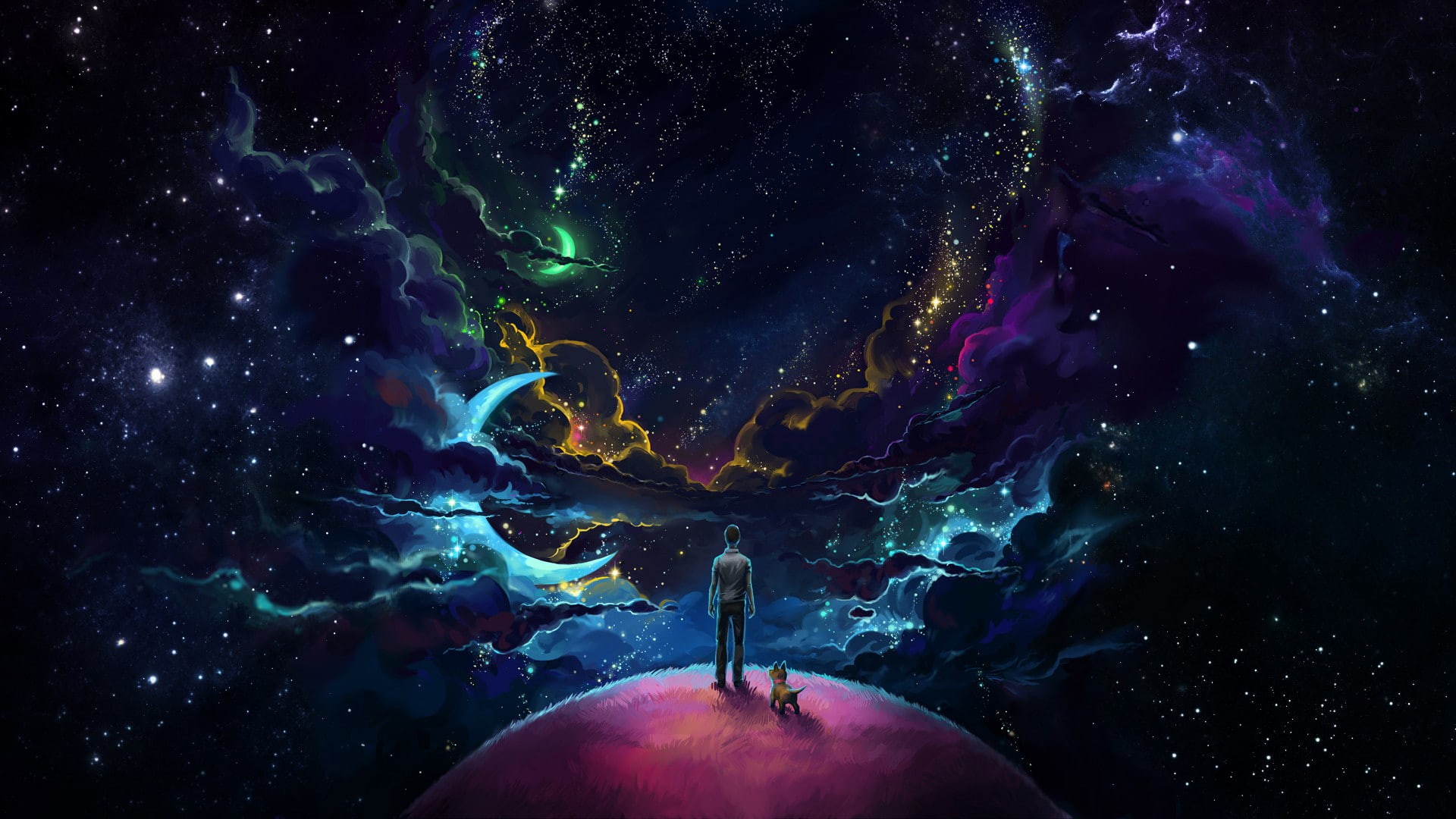 dog, space, Night Sky, clouds, Crescent Moon, кошки, stars, 1080P, Moon, loneliness, Little Prince, planet, HD Wallpaper