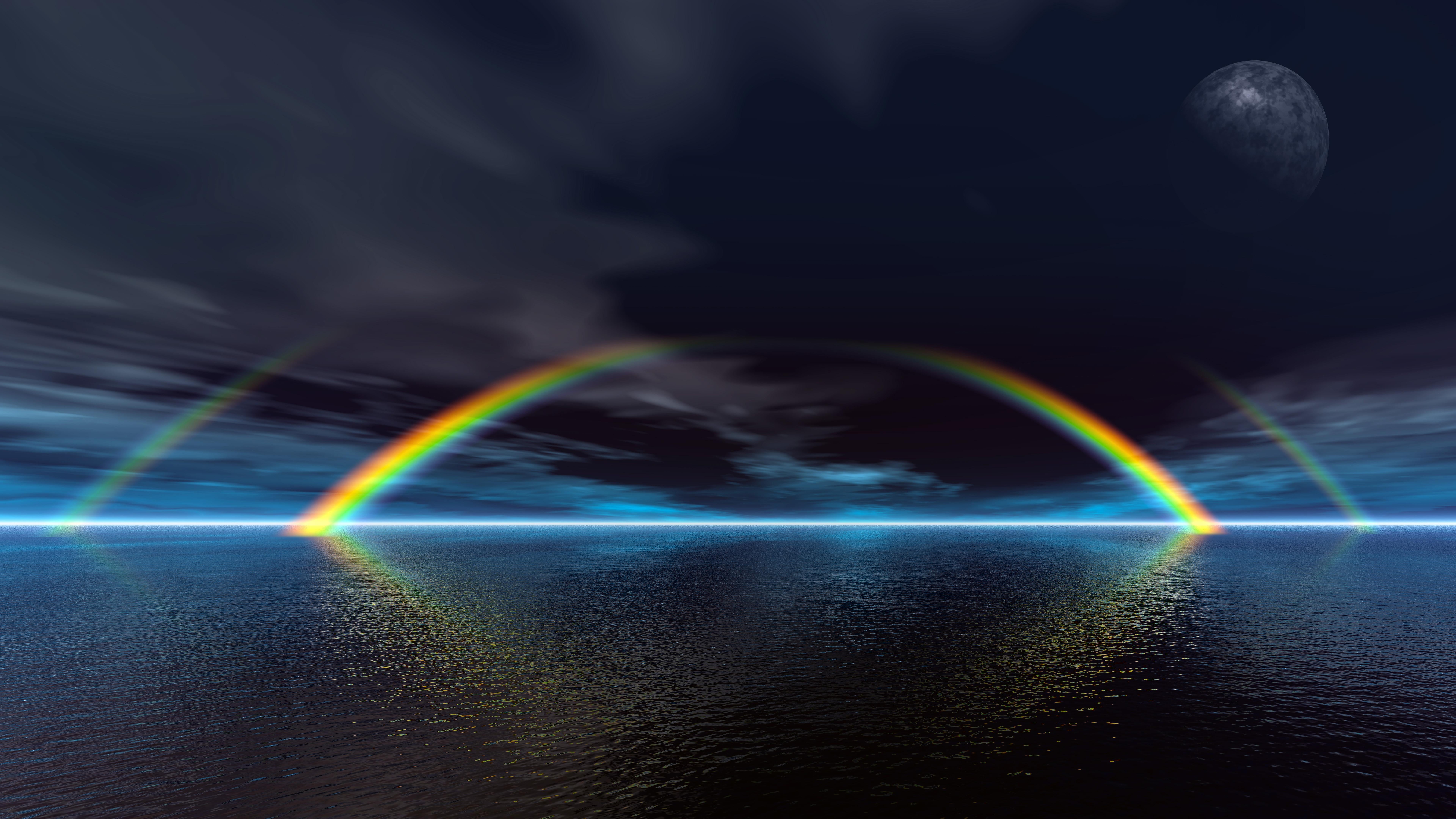 no people, nature, long exposure, scifi landscape, double rainbow, outdoors, moon, fantasy landscape, sky, planet, beauty in nature, water, rainbow, waterscape, HD Wallpaper