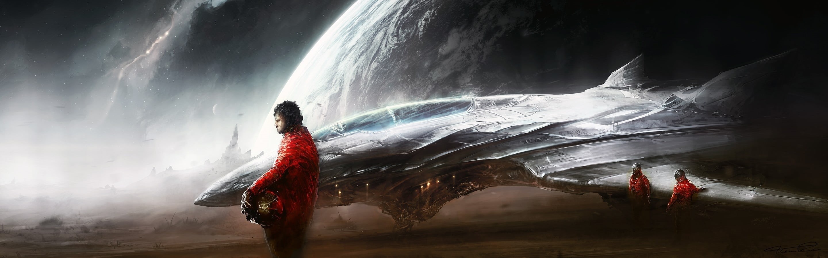 futuristic, splashing, fantasy, motion, spaceship, science fiction, water, waterfall, digital, outdoors, gray, red, near, people, nature, artwork, panoramas, HD Wallpaper
