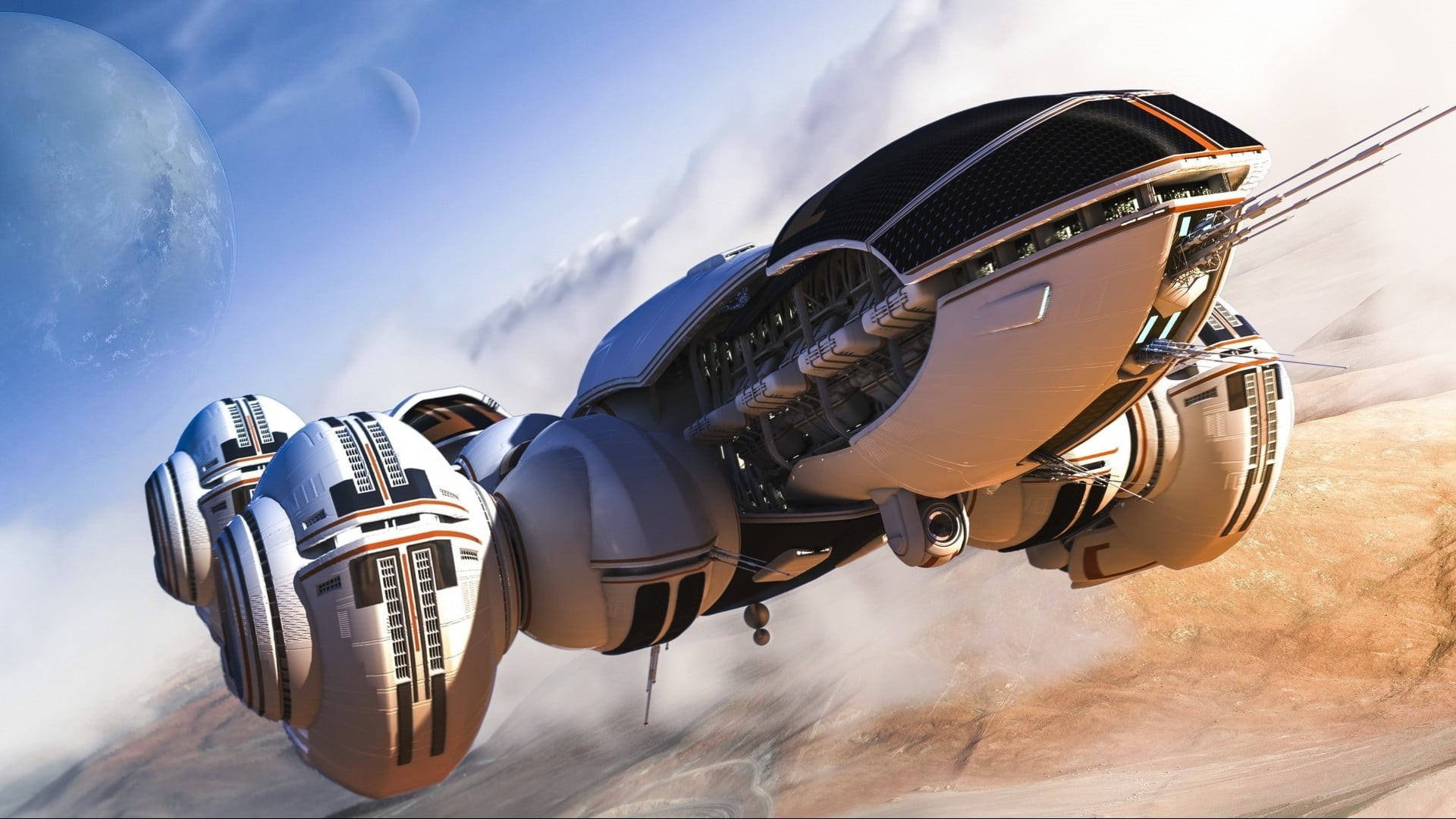 blue, airplane, mode of transportation, futuristic, metal, nature, flying, digital, day, spaceship, air vehicle, 1080P, space art, security, HD Wallpaper