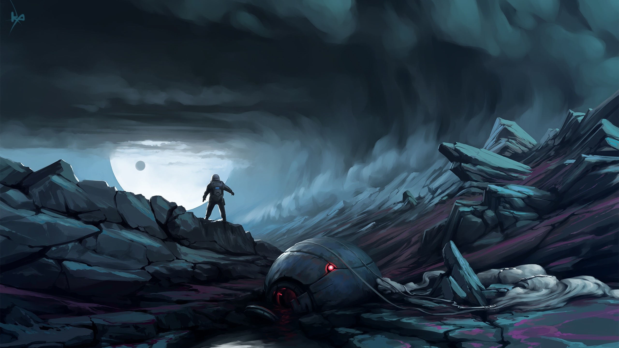 science fiction, astronaut, space, planet, futuristic, digital art, dark, 2K, HD Wallpaper