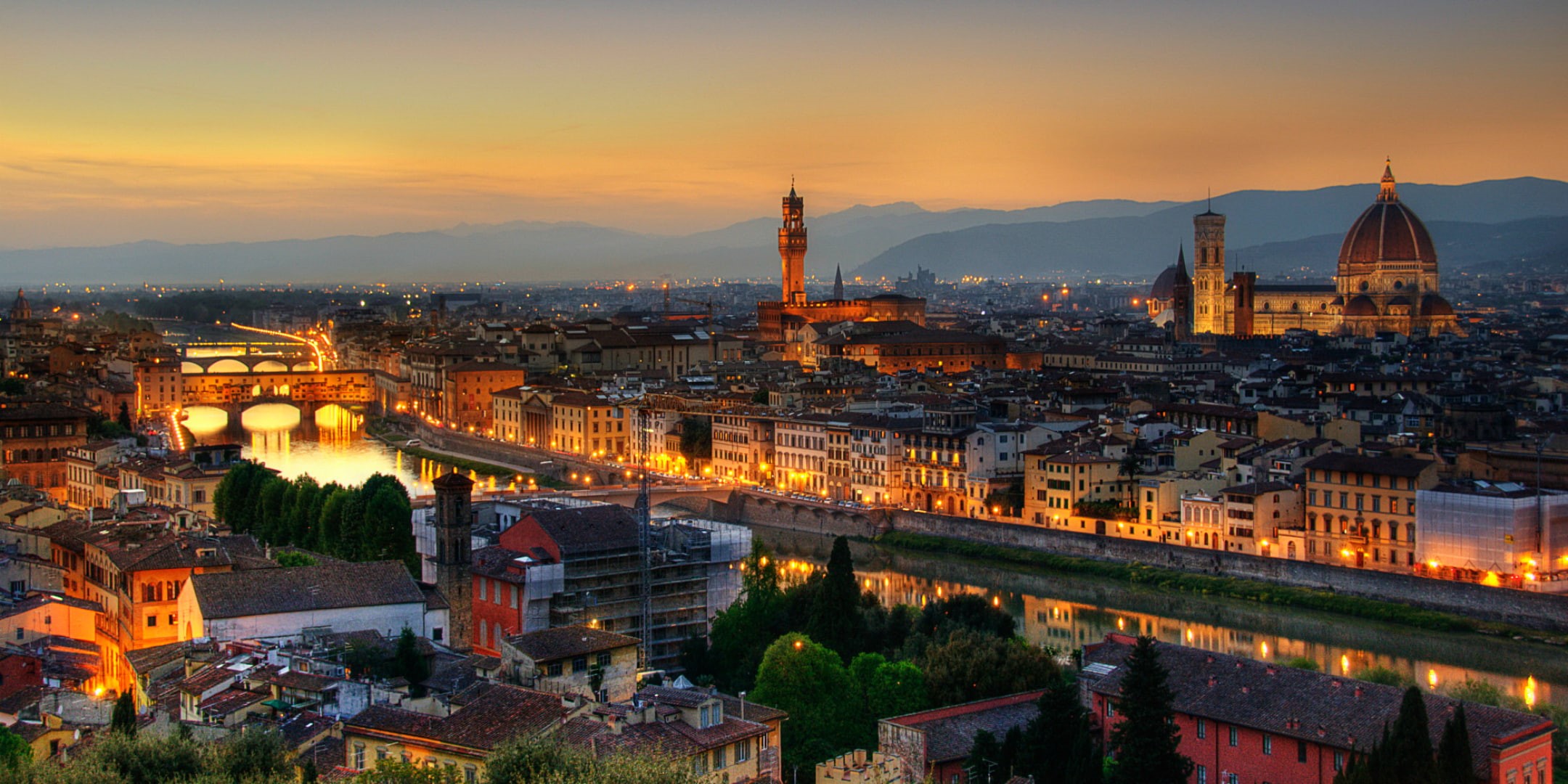 cityscape, Architectural, palazzo Vecchio, tuscany, st, high angle view, dusk, sky, orange color, residential district, history, michelangelo, Architecture, HD Wallpaper