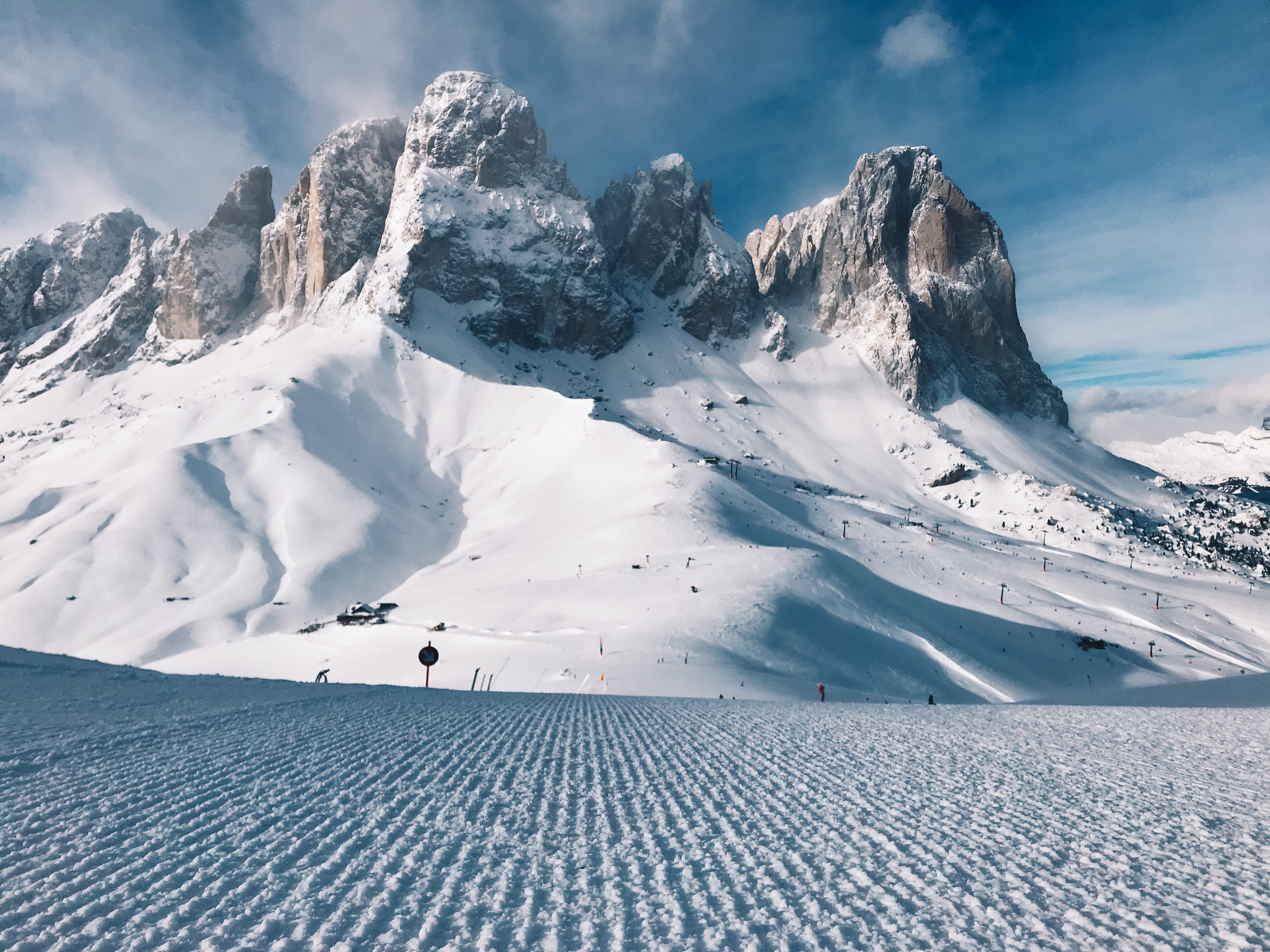 downhill, slope, formation, dolomities, mountain range, photo, cloud - sky, nature, dolomiti, tranquility, tranquil scene, snowcapped mountain, skiing, HD Wallpaper