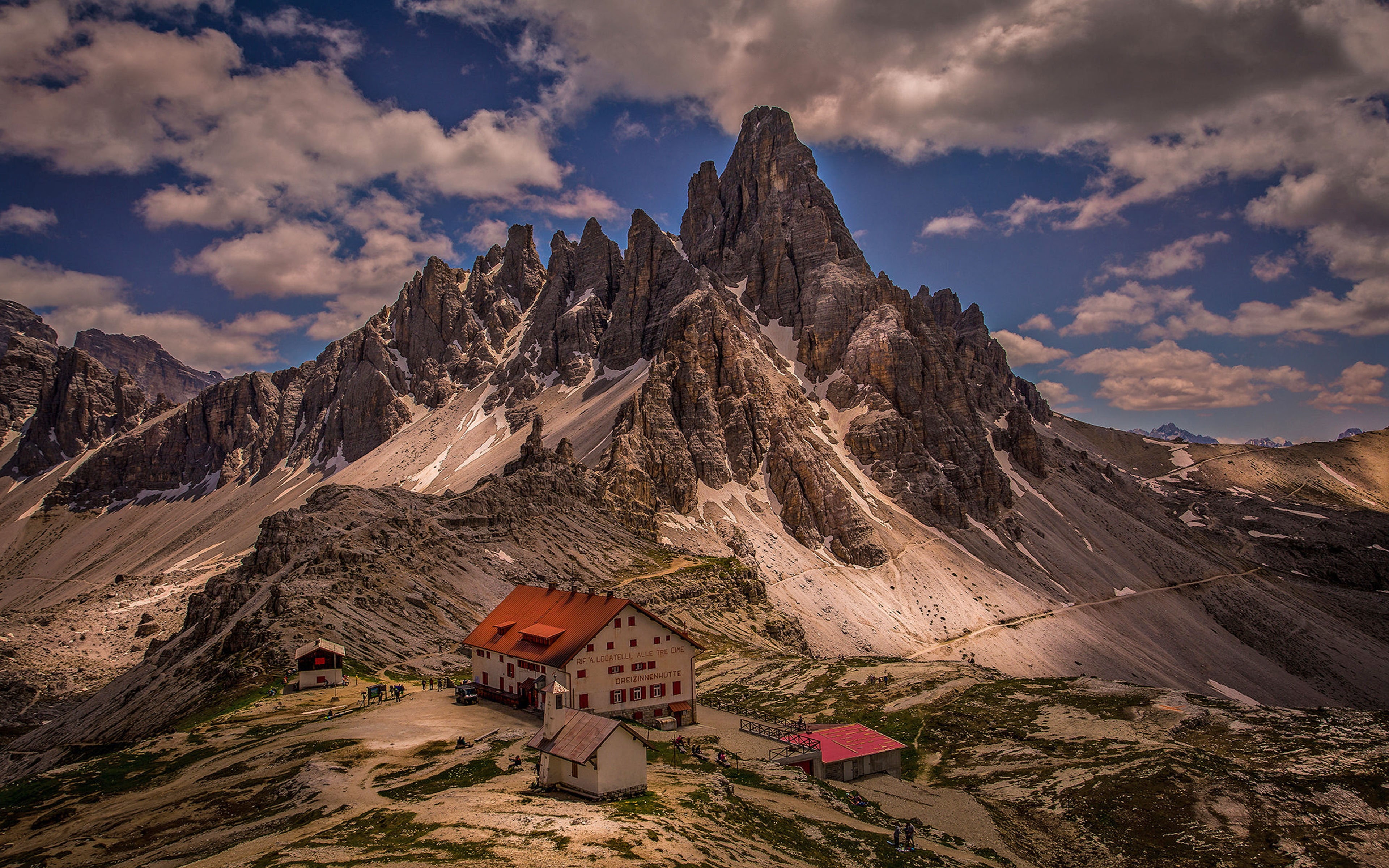 park, chapel, peaks, dreizinnenhutte, paternkofeland, view, national, 4K, italy, dolomiti, three, HD Wallpaper