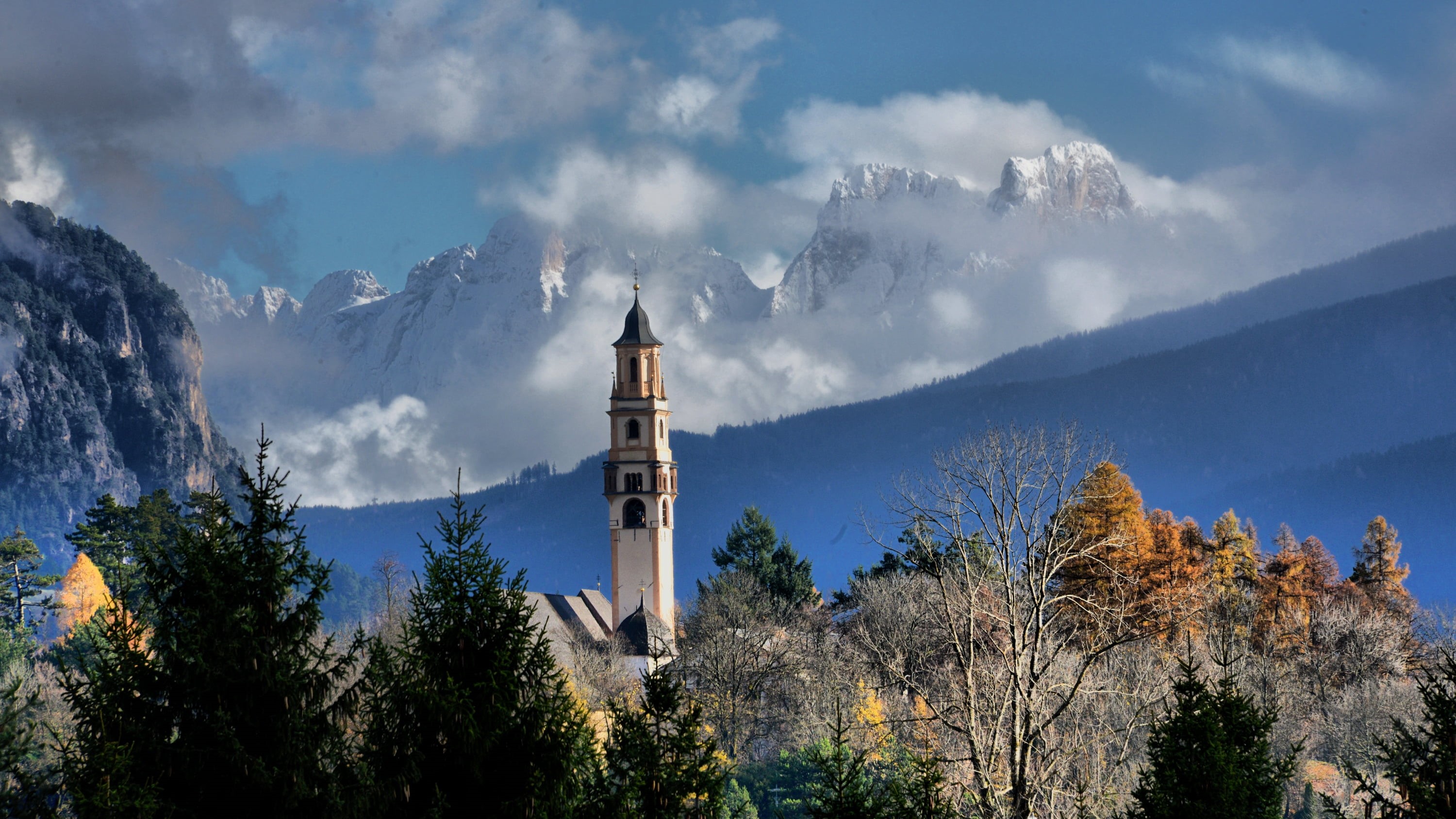 Trentino, 2K, over horizon, concrete, Prime, campanile, mountain, Nevi, Val  di  Fiemme, church, Dolomiti, white, Cavalese, pieve, tower, horizon, HD Wallpaper