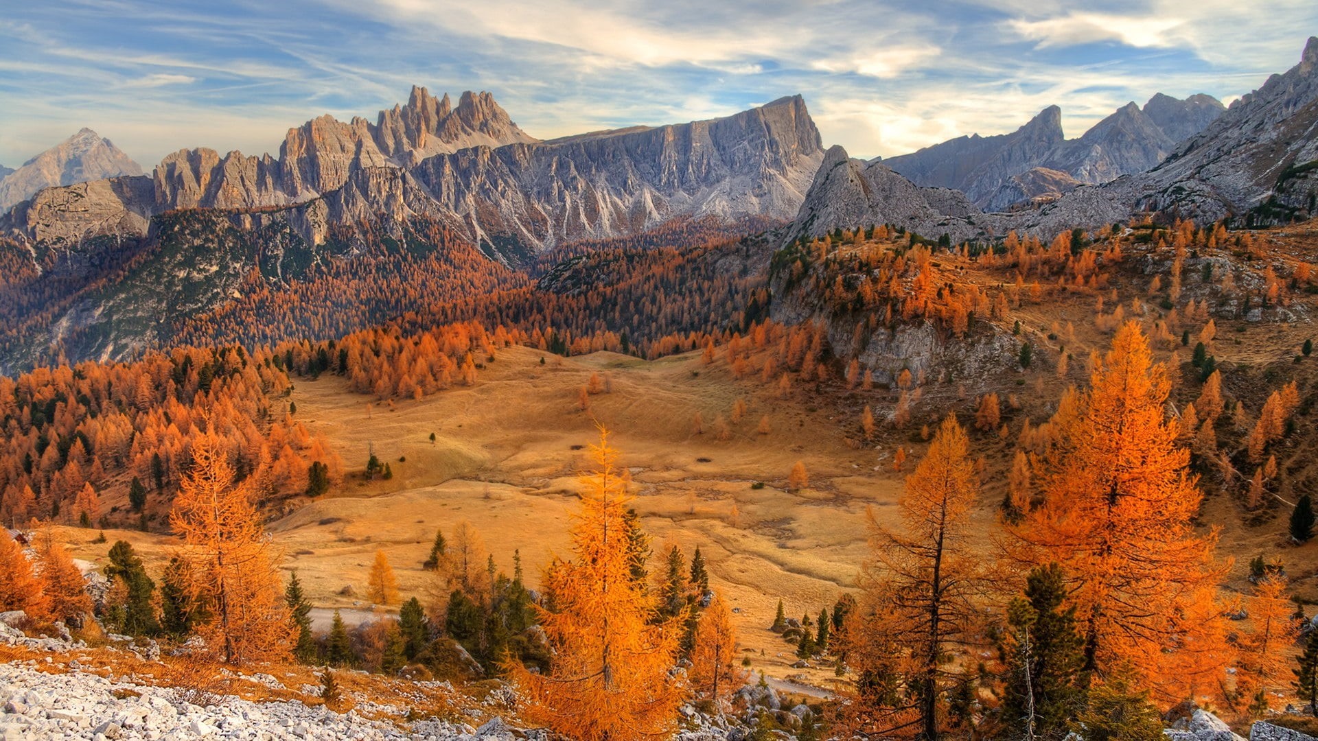 cinque torri, mountainous landforms, climate, alps, tranquility, mountain, tree, rock - object, arid climate, landscape, mountain range, cloud - sky, italy, HD Wallpaper